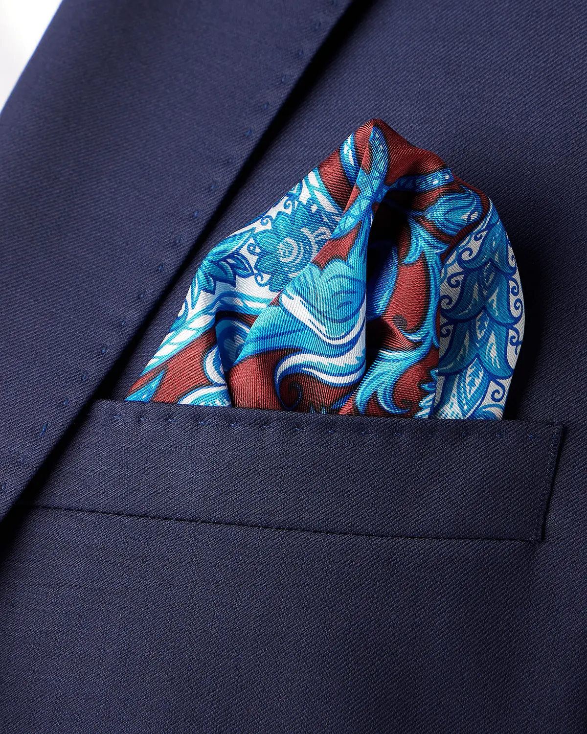 100% Silk Floral Printed Pocket Square - Maroon & Blue - Image 2