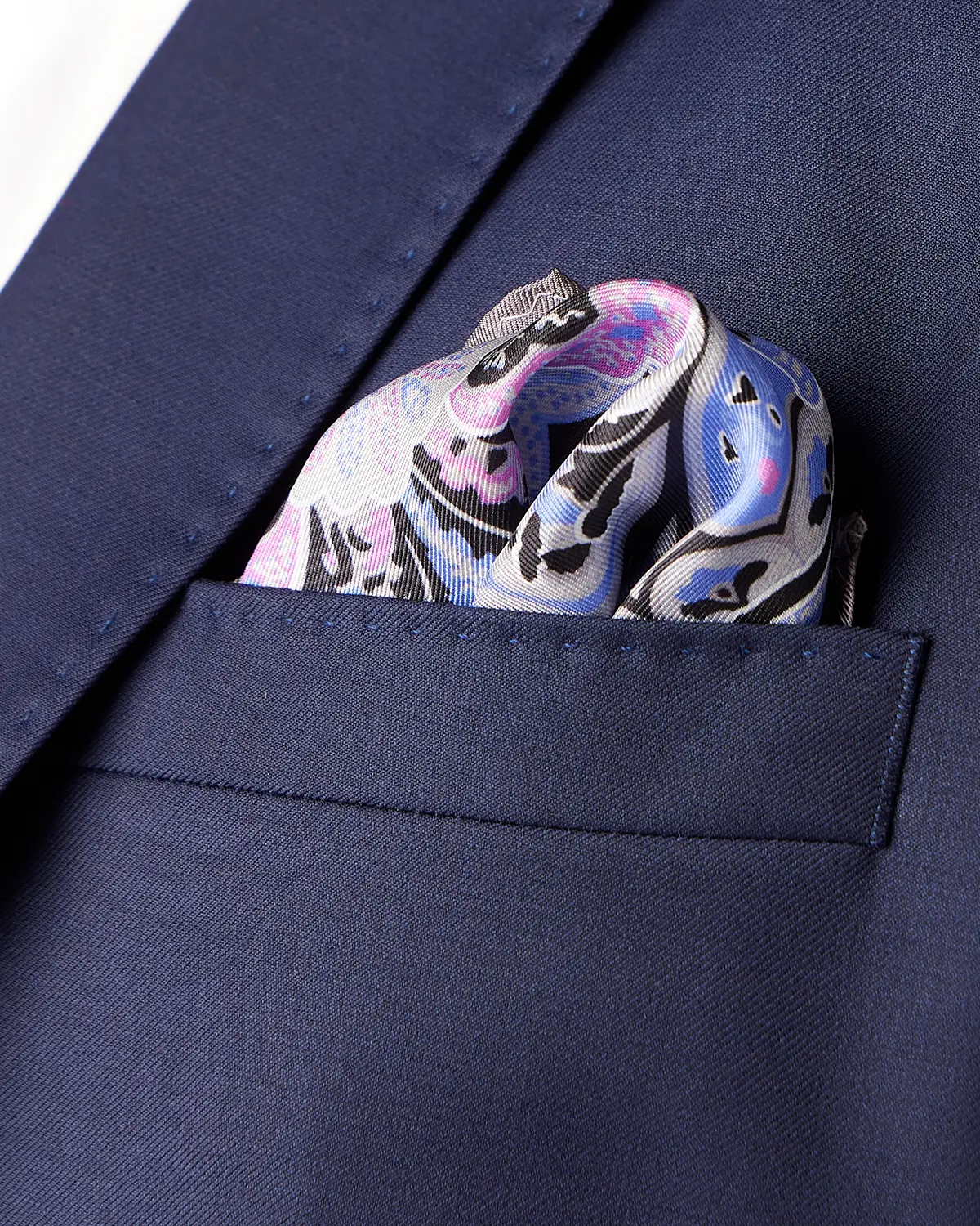 100% Silk Paisley Printed Pocket Square - Grey & Blue - Image 2