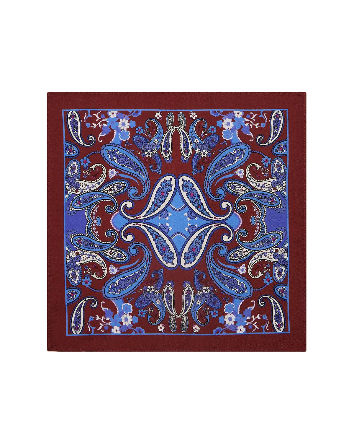 100% Silk Paisley Printed Pocket Square - Maroon & Blue
