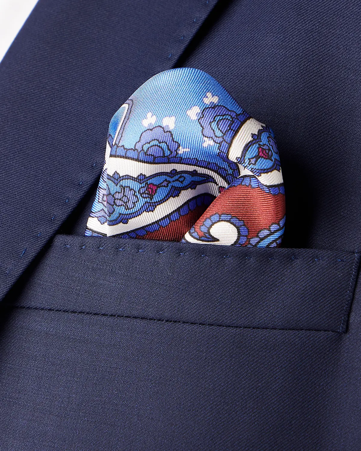 100% Silk Paisley Printed Pocket Square - Maroon & Blue - Image 2