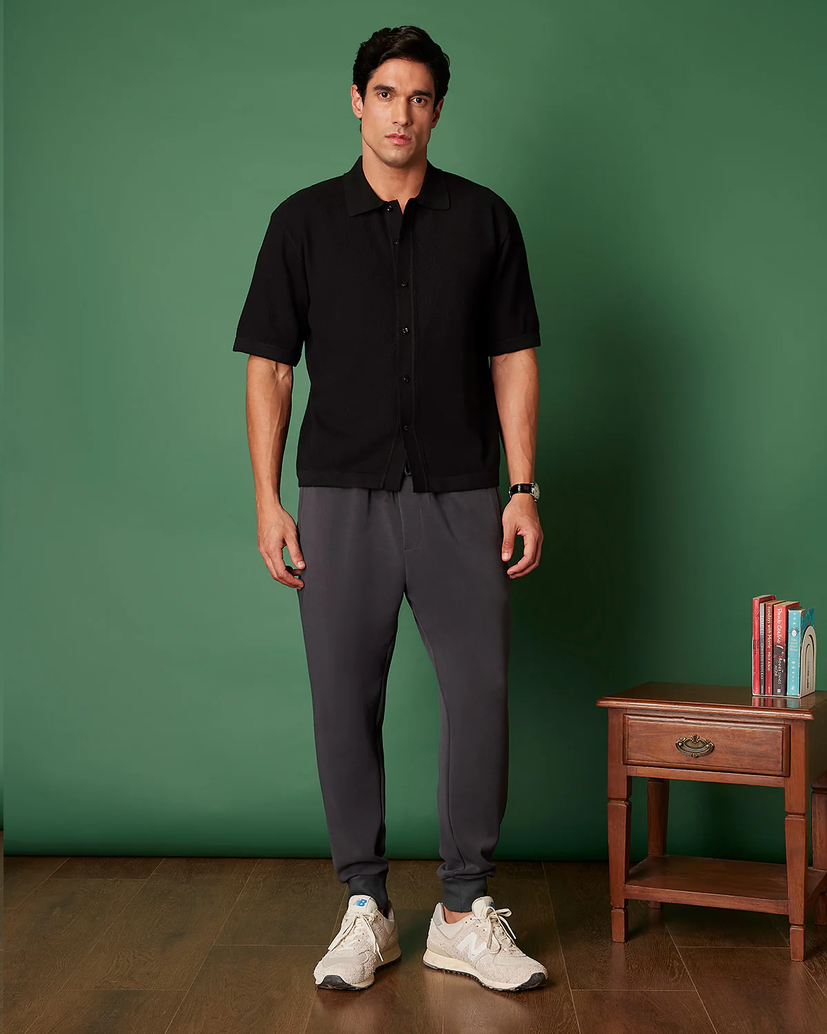 Black Cotton Dobby Flat Knit Shirt - Image 4