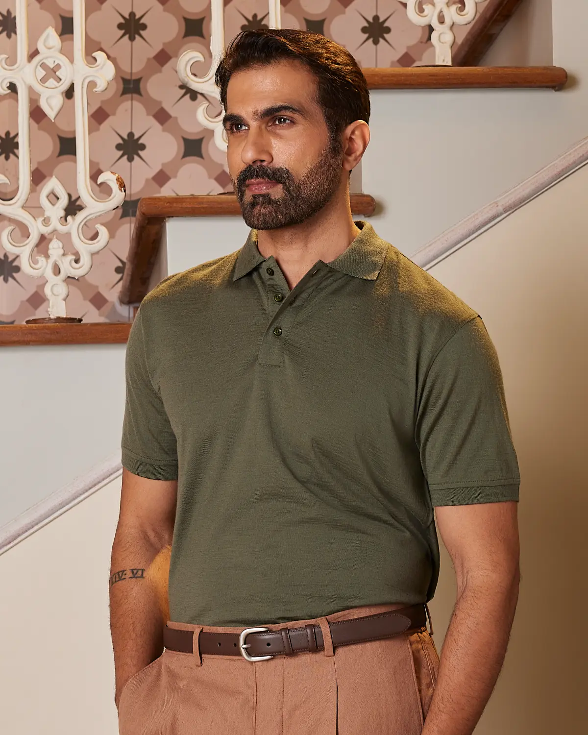 100% Merino Wool Polo - Olive - Image 2