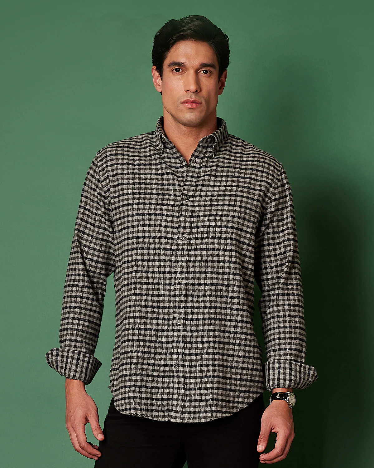 Black & Grey Brushed Herringbone Checked Shirt - Image 2