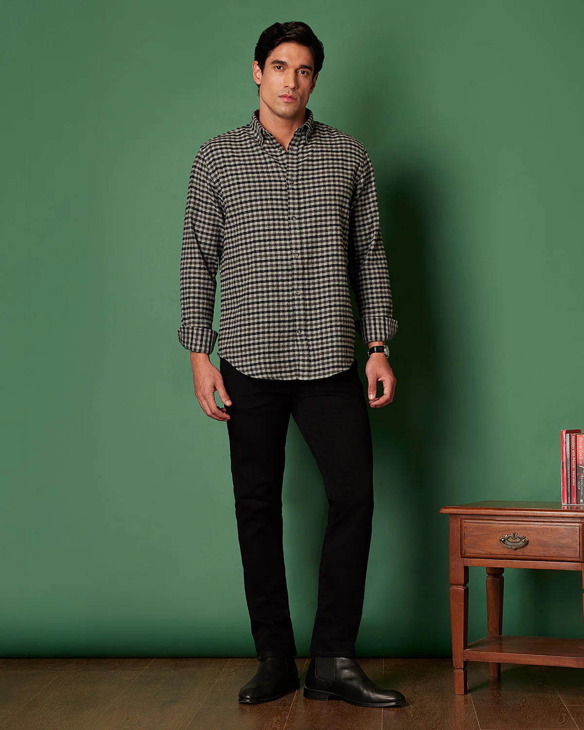 Black & Grey Brushed Herringbone Checked Shirt - Image 4