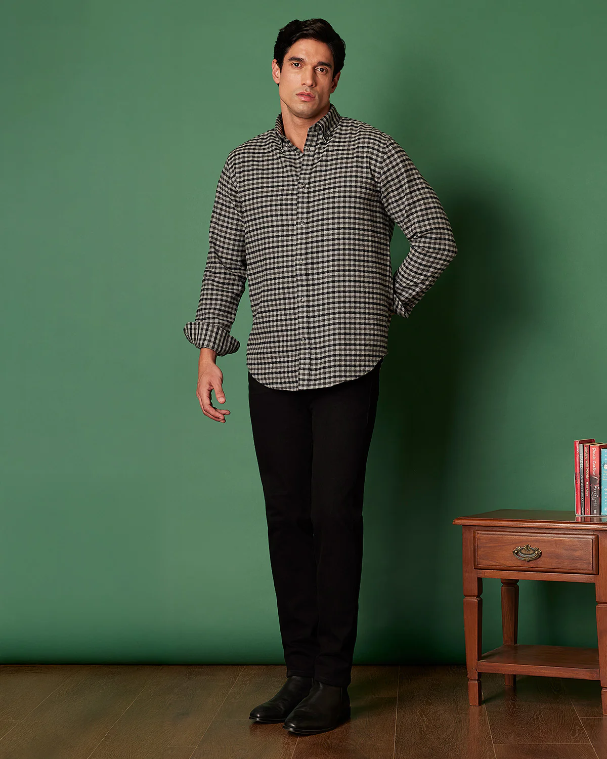 Black & Grey Brushed Herringbone Checked Shirt - Image 5