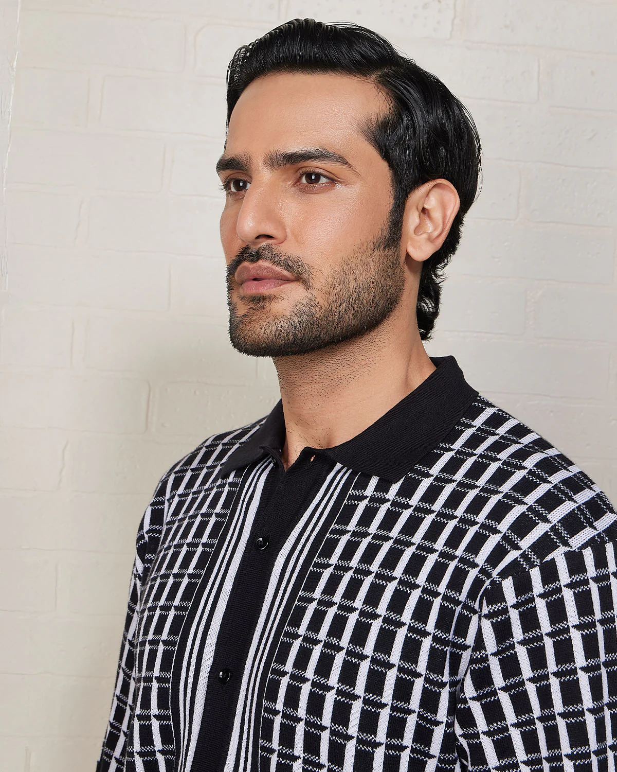 Black Checked Flat Knit Shirt - Image 2