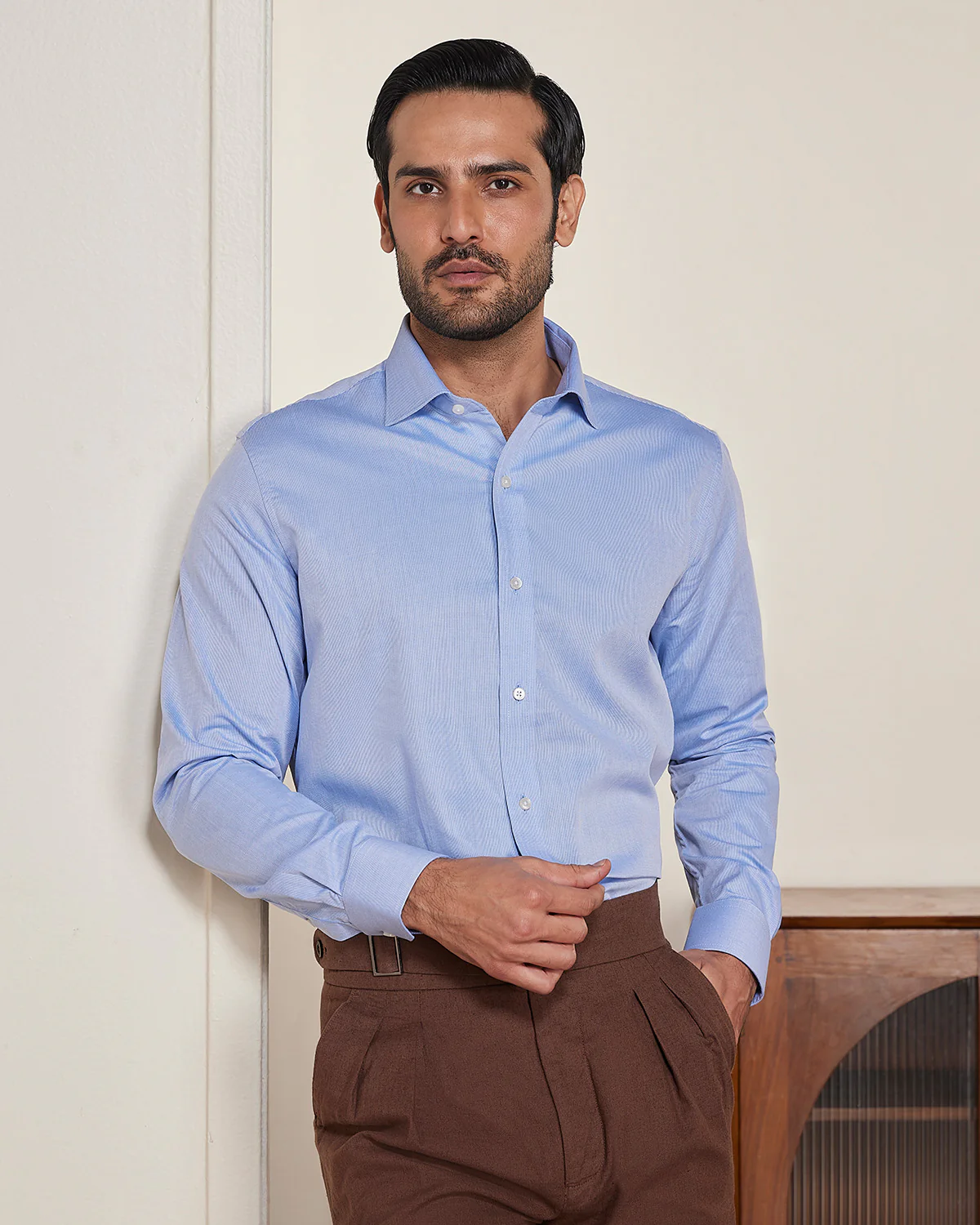 Blue Cotton Micro-Dobby Shirt - Image 2