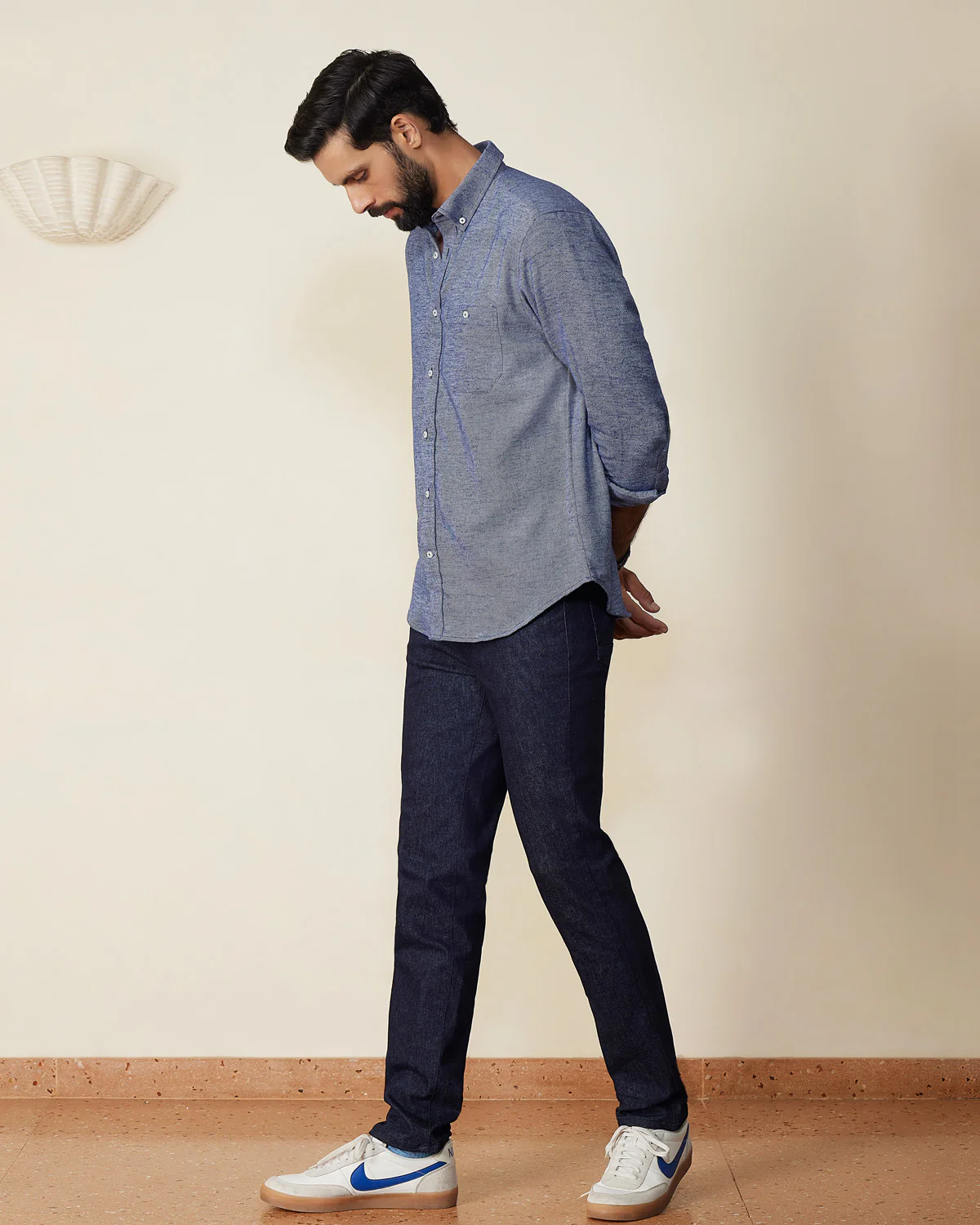 Blue Melange Brushed Twill Shirt - Image 4