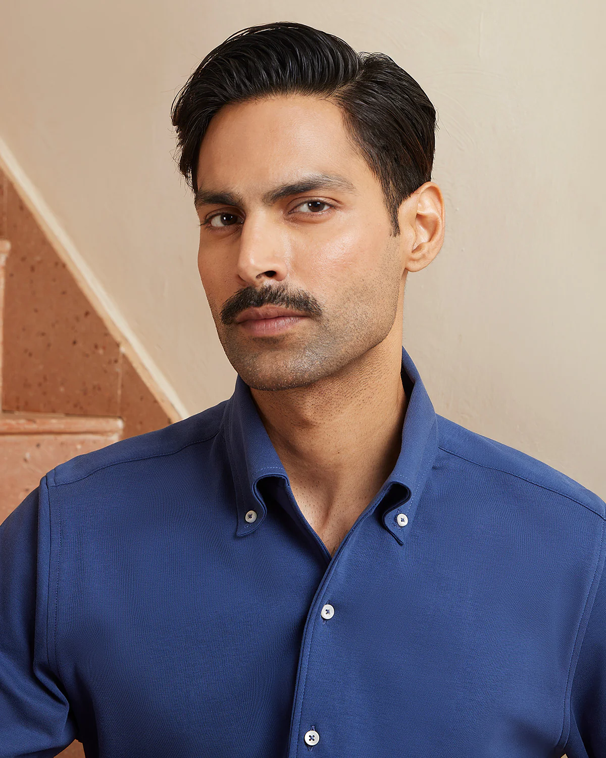 Blue Stretch Knit Cooper Collar Shirt - Image 2