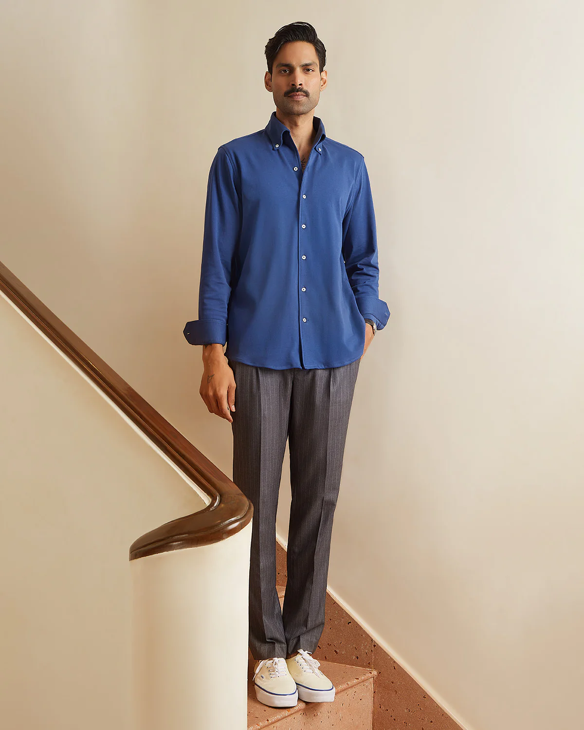 Blue Stretch Knit Cooper Collar Shirt - Image 3