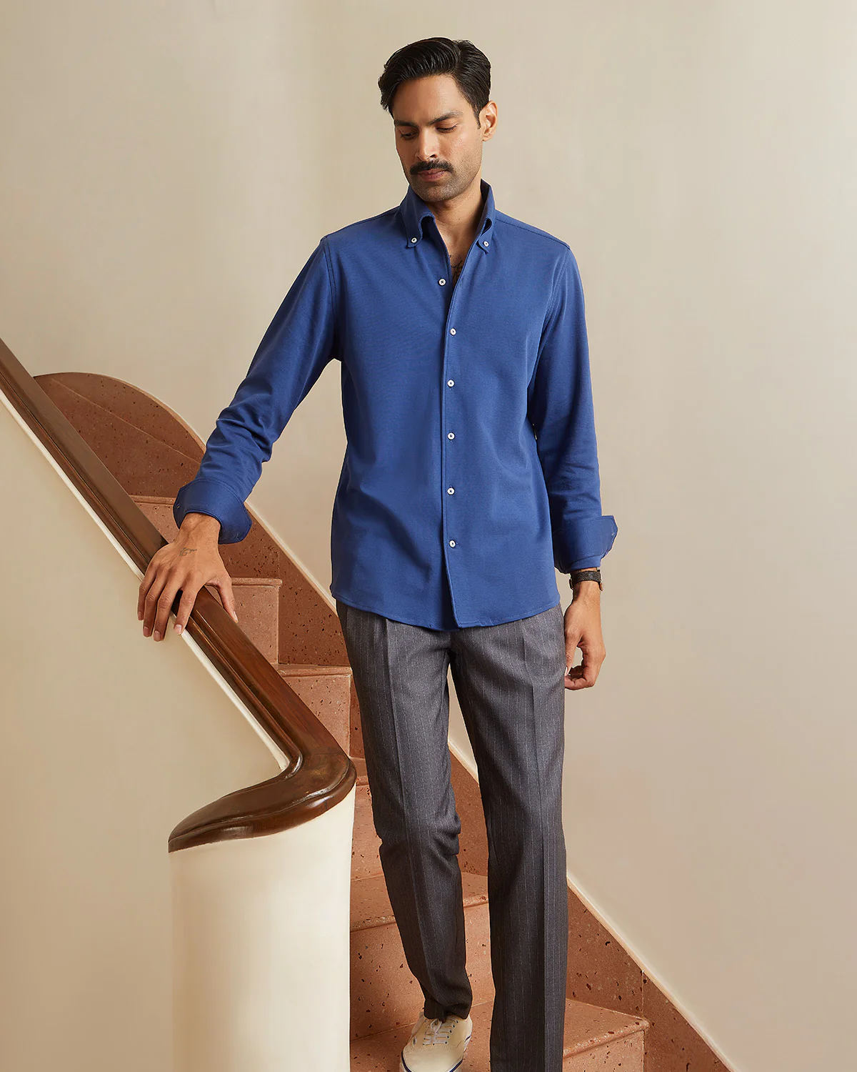 Blue Stretch Knit Cooper Collar Shirt - Image 4