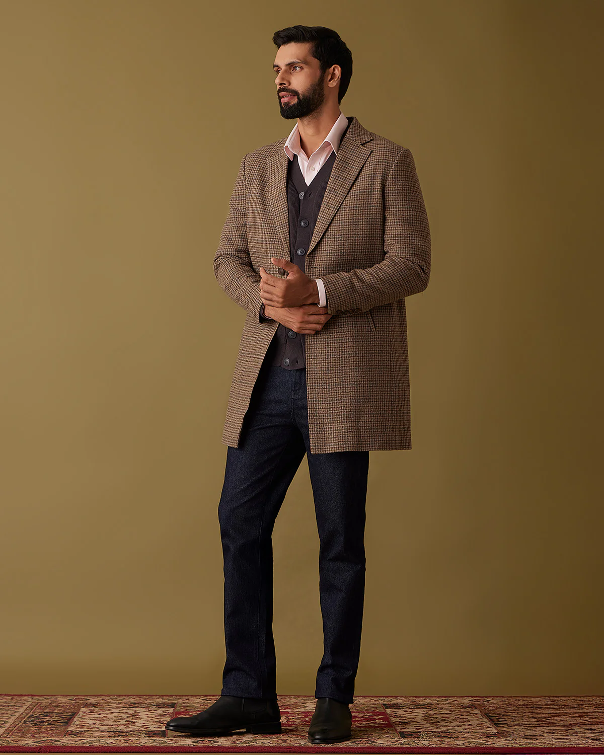 Bracken Houndstooth Tweed Long Jacket - Brown & Beige - Image 2