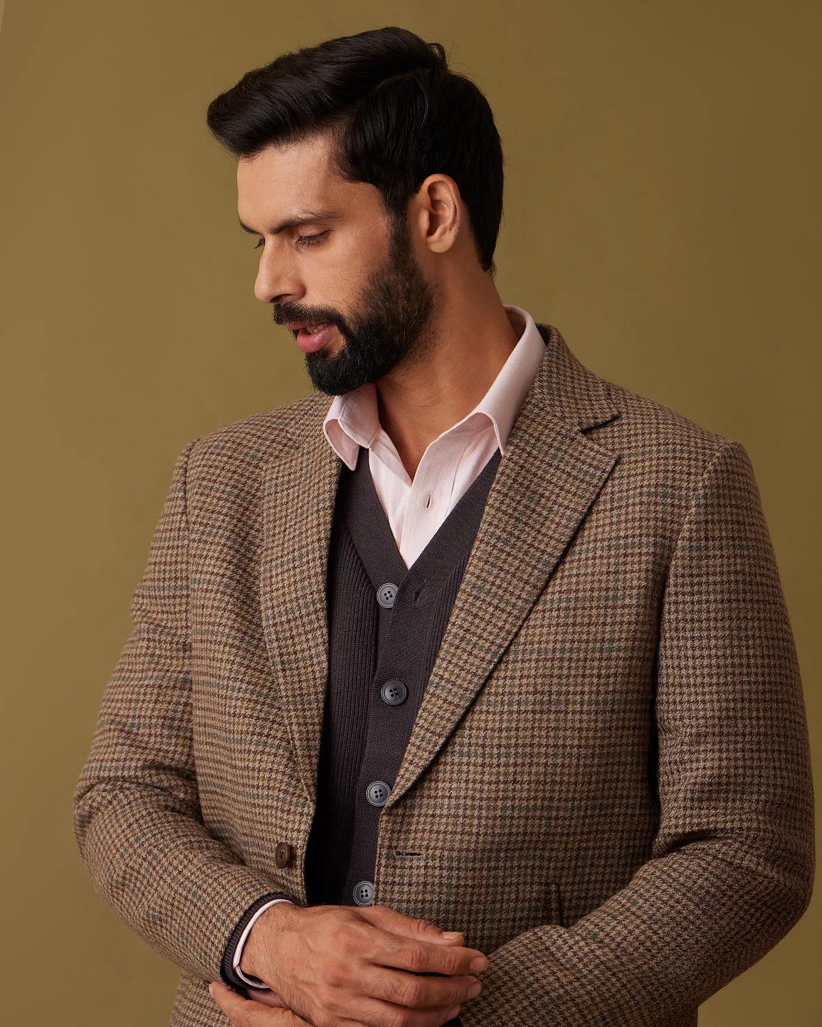 Bracken Houndstooth Tweed Long Jacket - Brown & Beige - Image 3