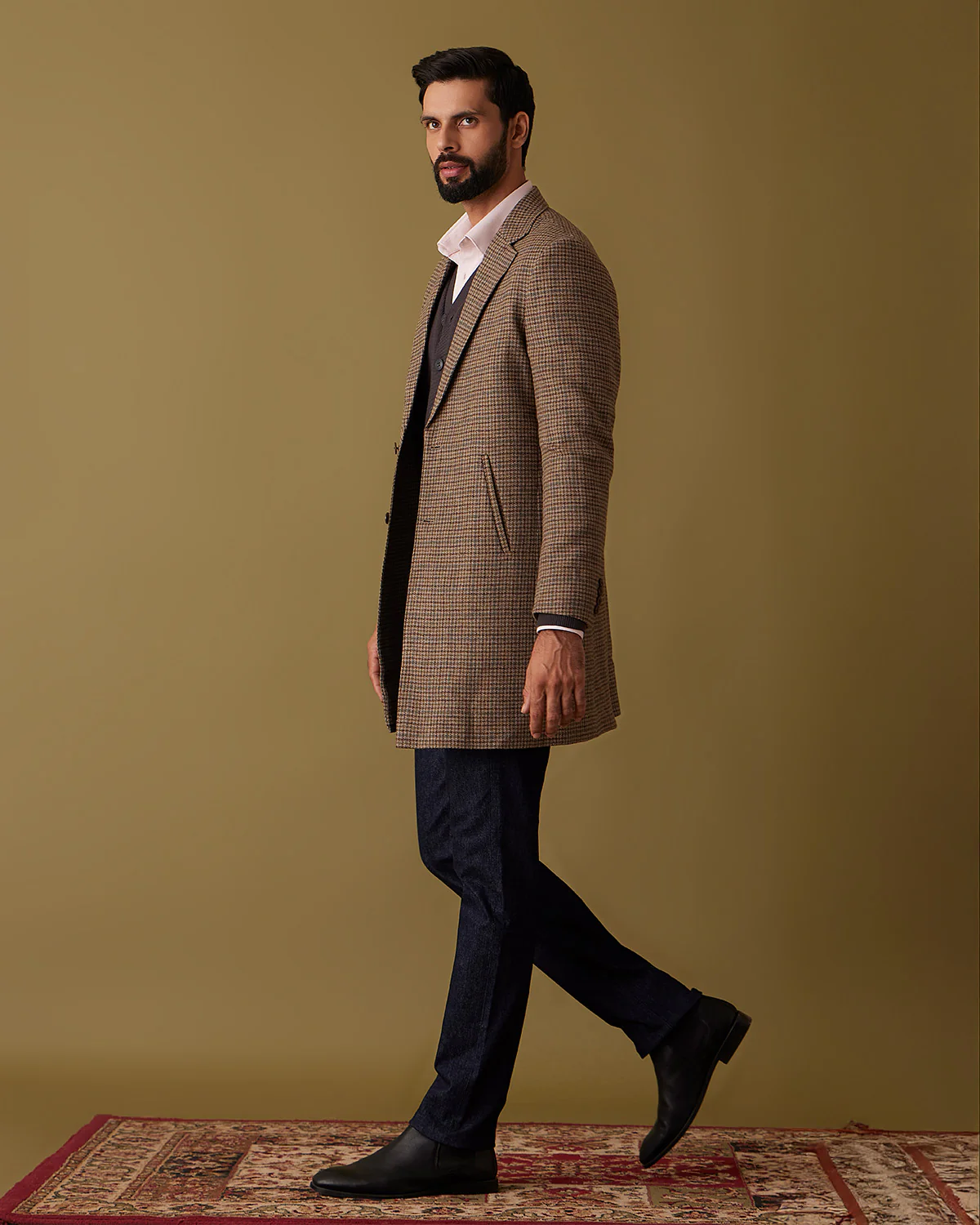 Bracken Houndstooth Tweed Long Jacket - Brown & Beige - Image 4