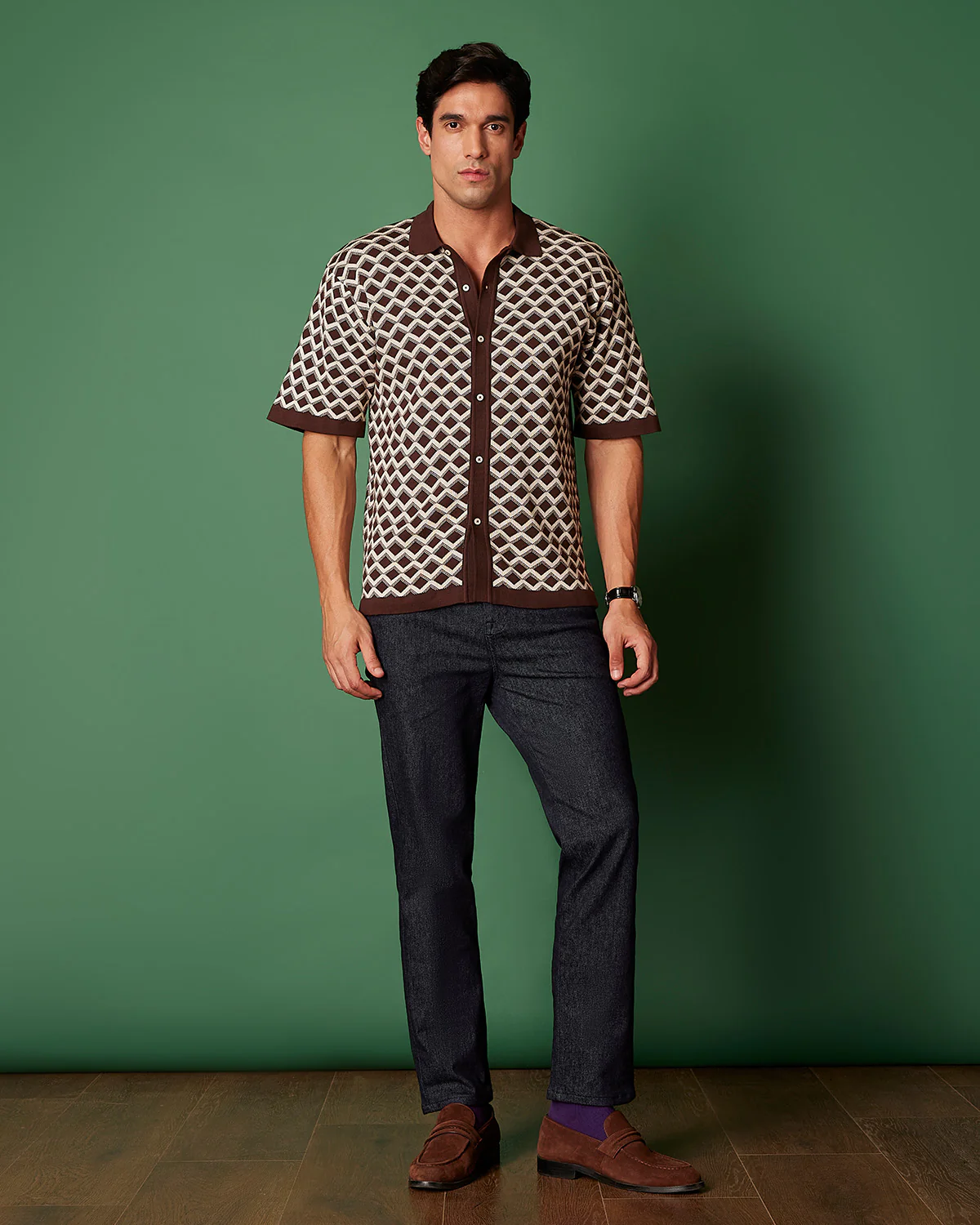 Brown Cotton Dobby Flat Knit Shirt - Image 3