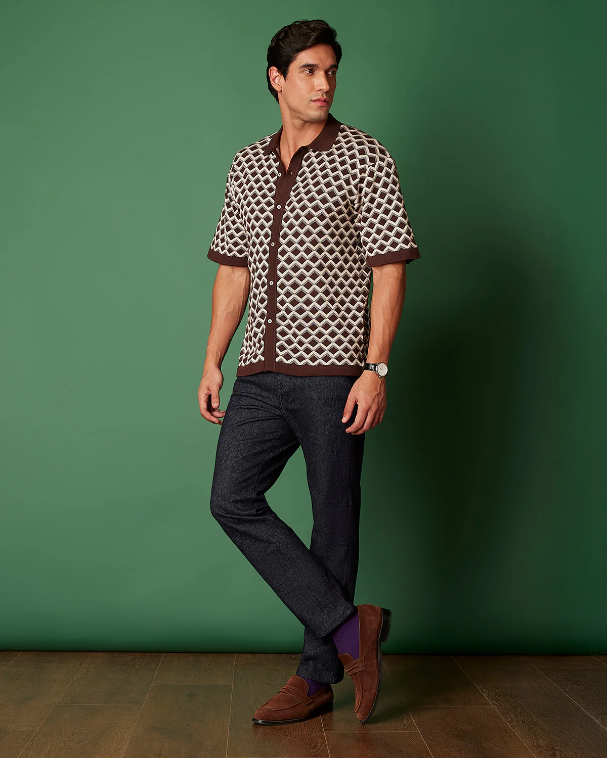 Brown Cotton Dobby Flat Knit Shirt - Image 4