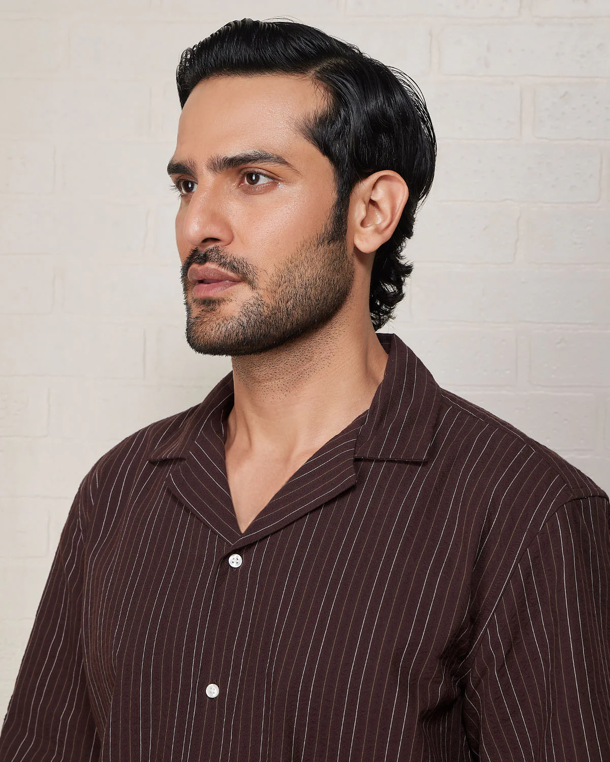 Brown Half-Sleeve Seersucker Striped Shirt - Image 2