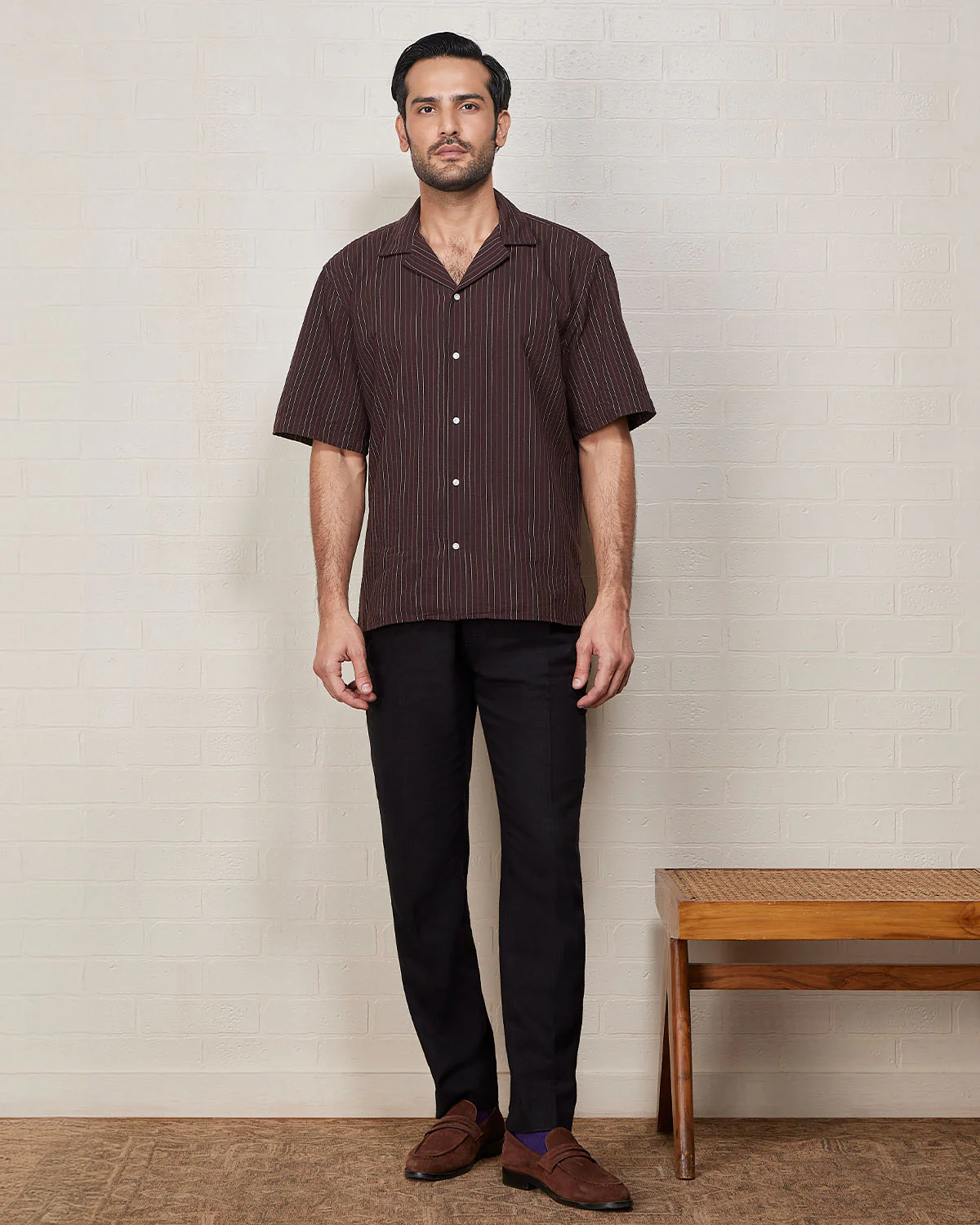 Brown Half-Sleeve Seersucker Striped Shirt - Image 3