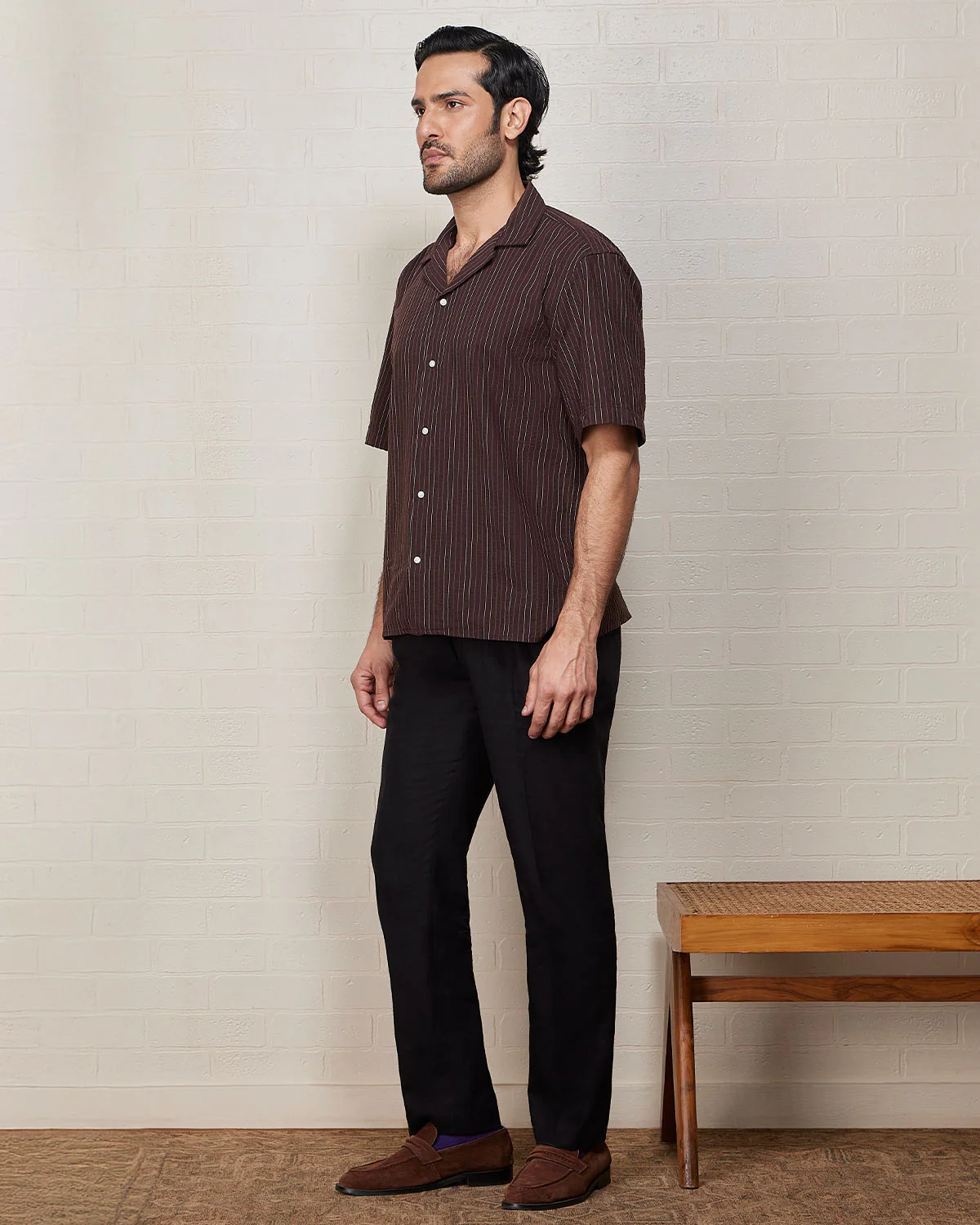 Brown Half-Sleeve Seersucker Striped Shirt - Image 4