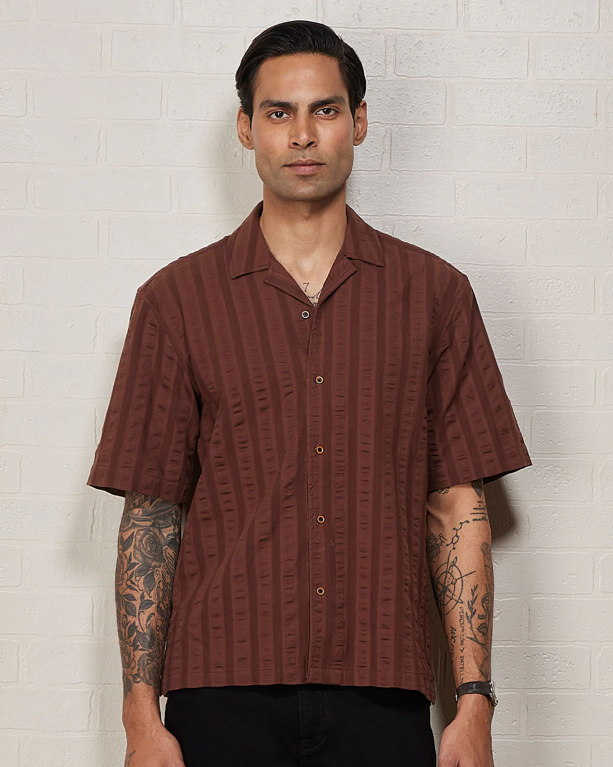 Brown Half-Sleeve Textured Dobby Shirt