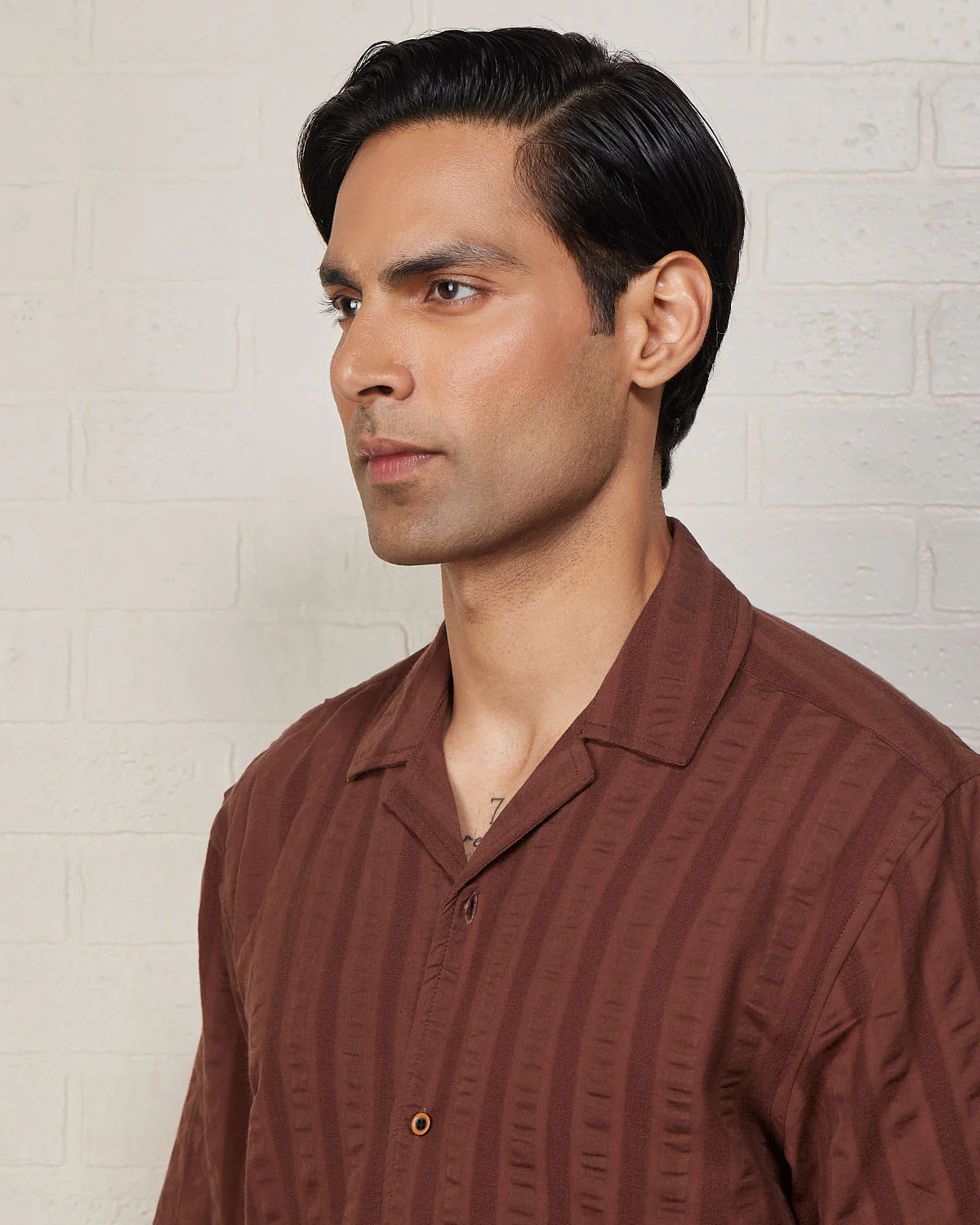 Brown Half-Sleeve Textured Dobby Shirt - Image 2