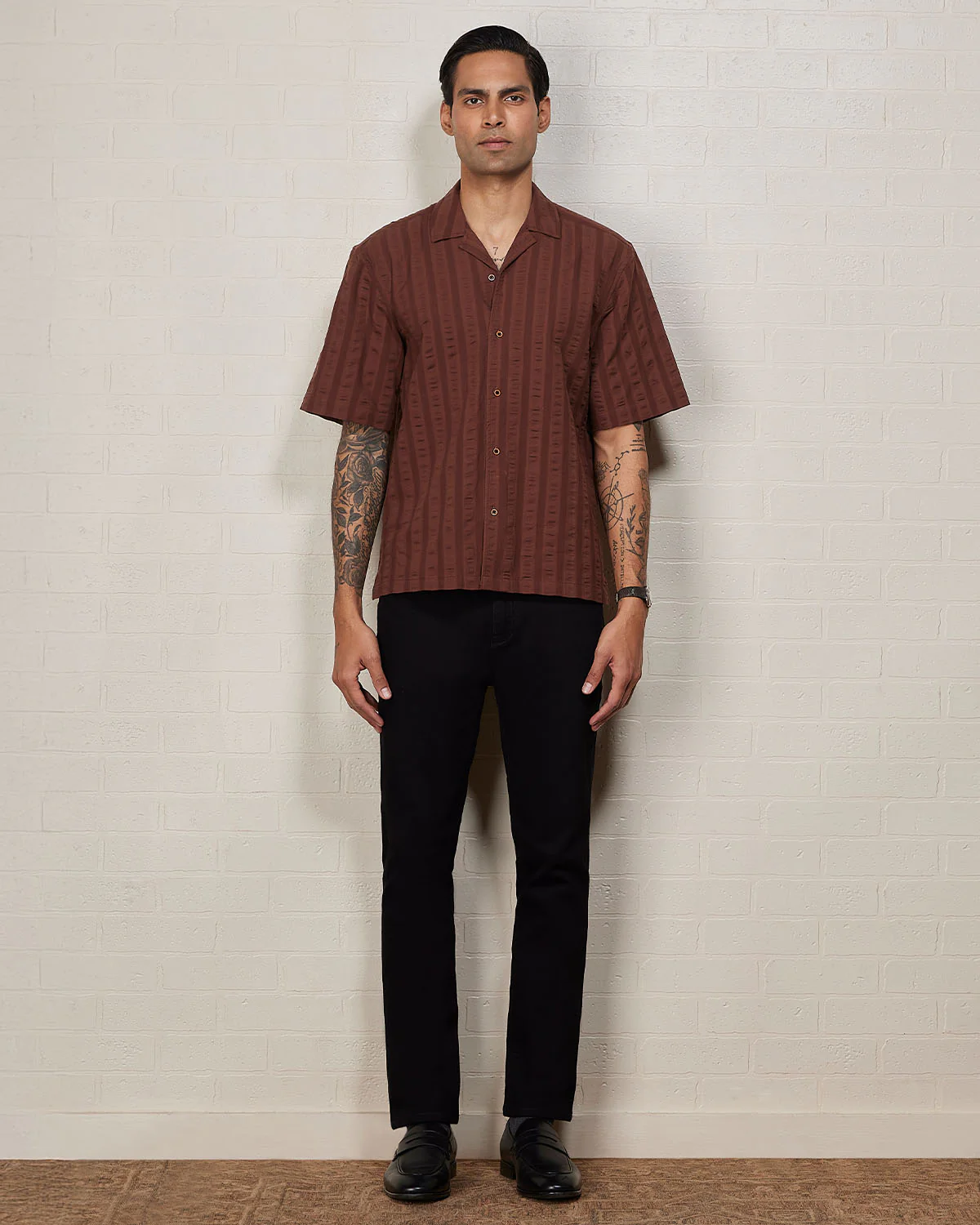 Brown Half-Sleeve Textured Dobby Shirt - Image 3