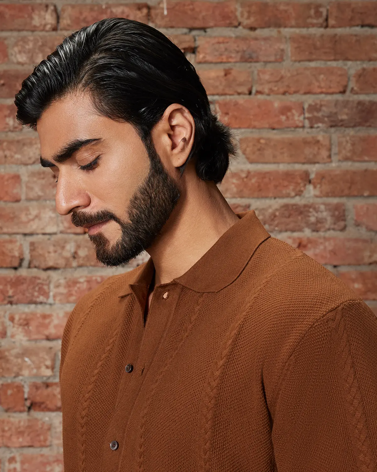 Brown Jacquard Flat Knit Shirt - Image 2
