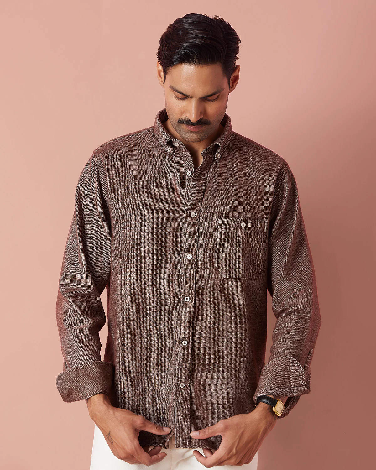 Brown Melange Brushed Twill Shirt