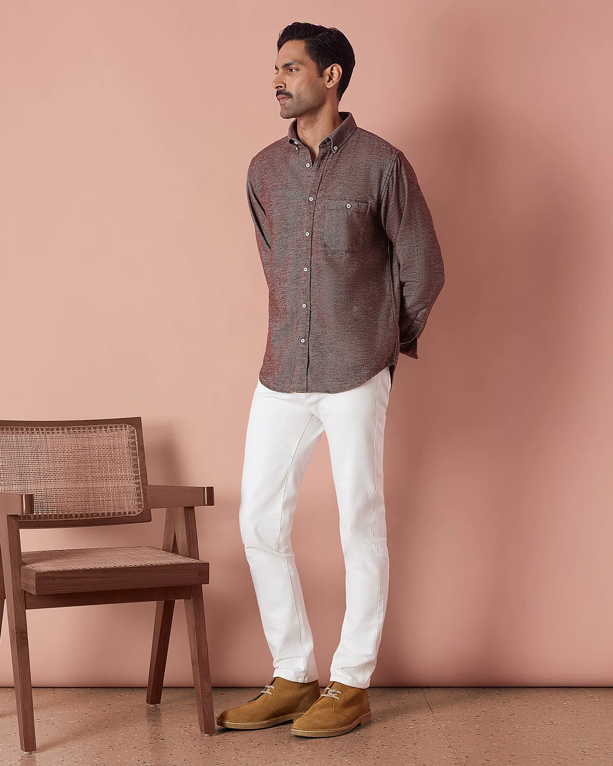 Brown Melange Brushed Twill Shirt - Image 3