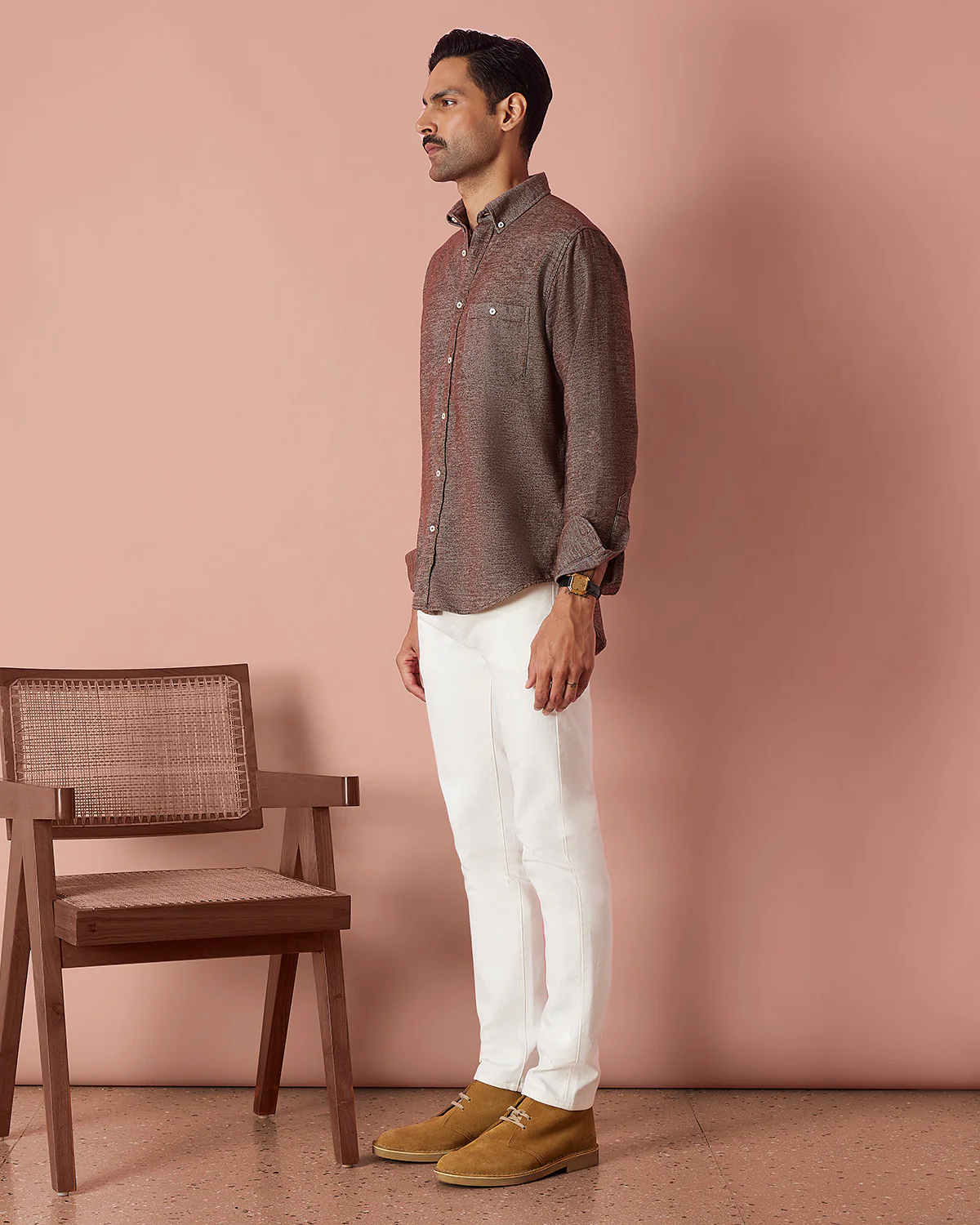 Brown Melange Brushed Twill Shirt - Image 4