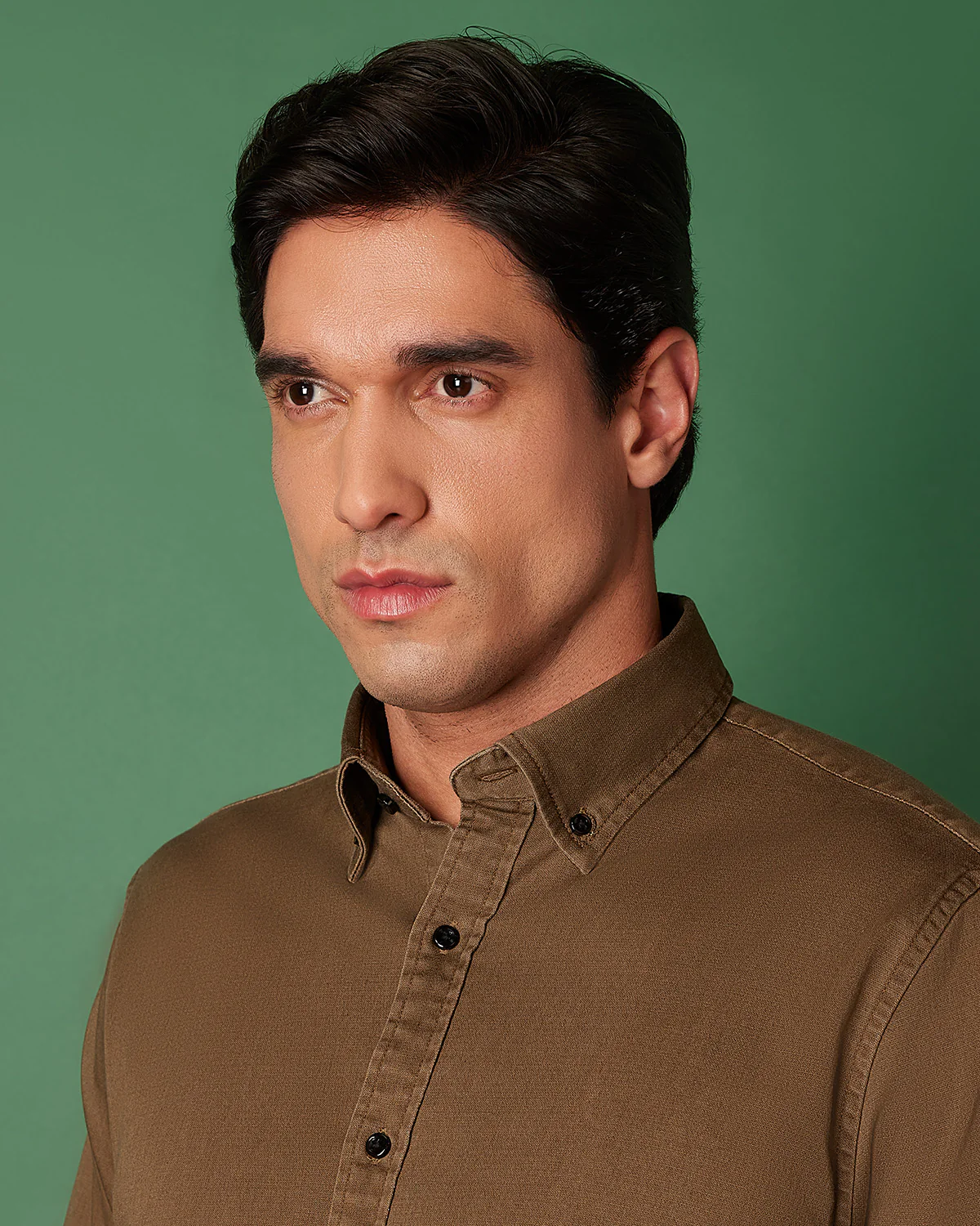 Brown Washed Dobby Denim Shirt - Image 2
