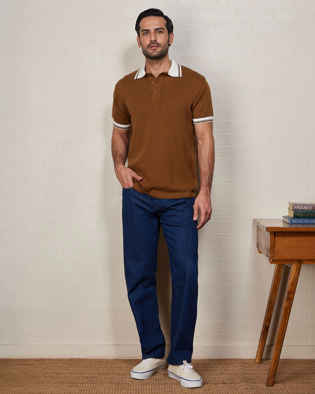 Signature Flat Knit Button Polo - Brown - Image 4