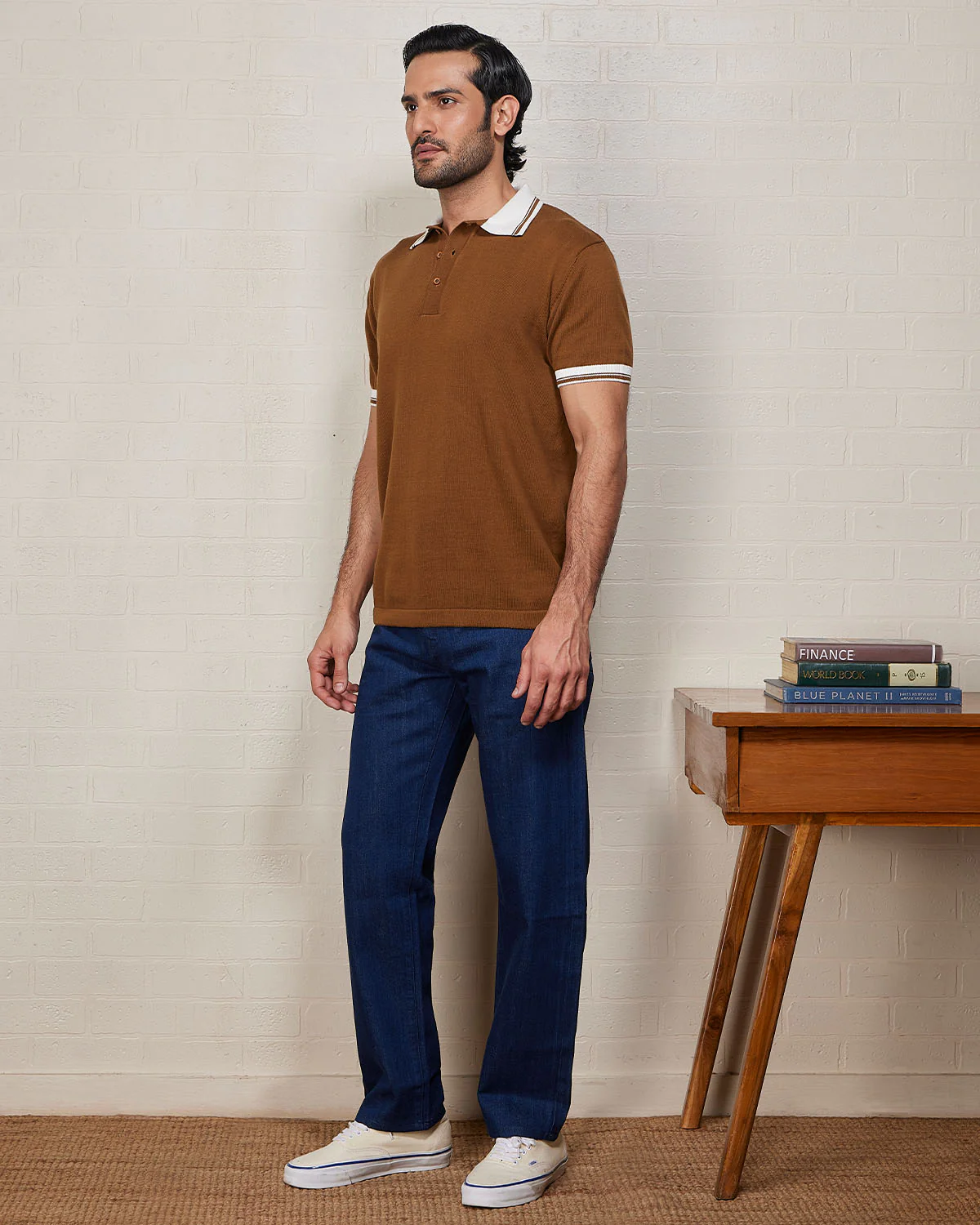 Signature Flat Knit Button Polo - Brown - Image 5