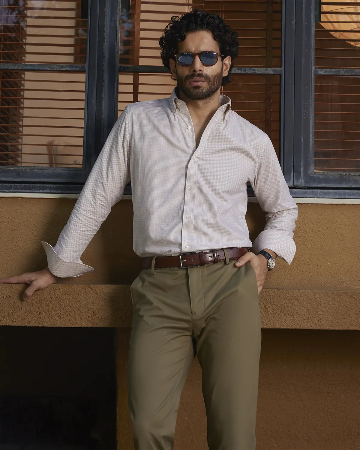 Giza Cotton Brown & White Twill Checked Shirt - Image 2