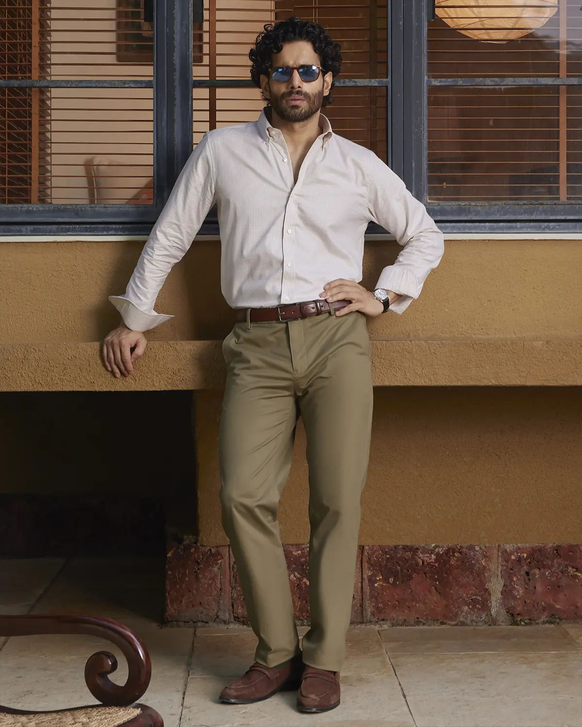Giza Cotton Brown & White Twill Checked Shirt - Image 4