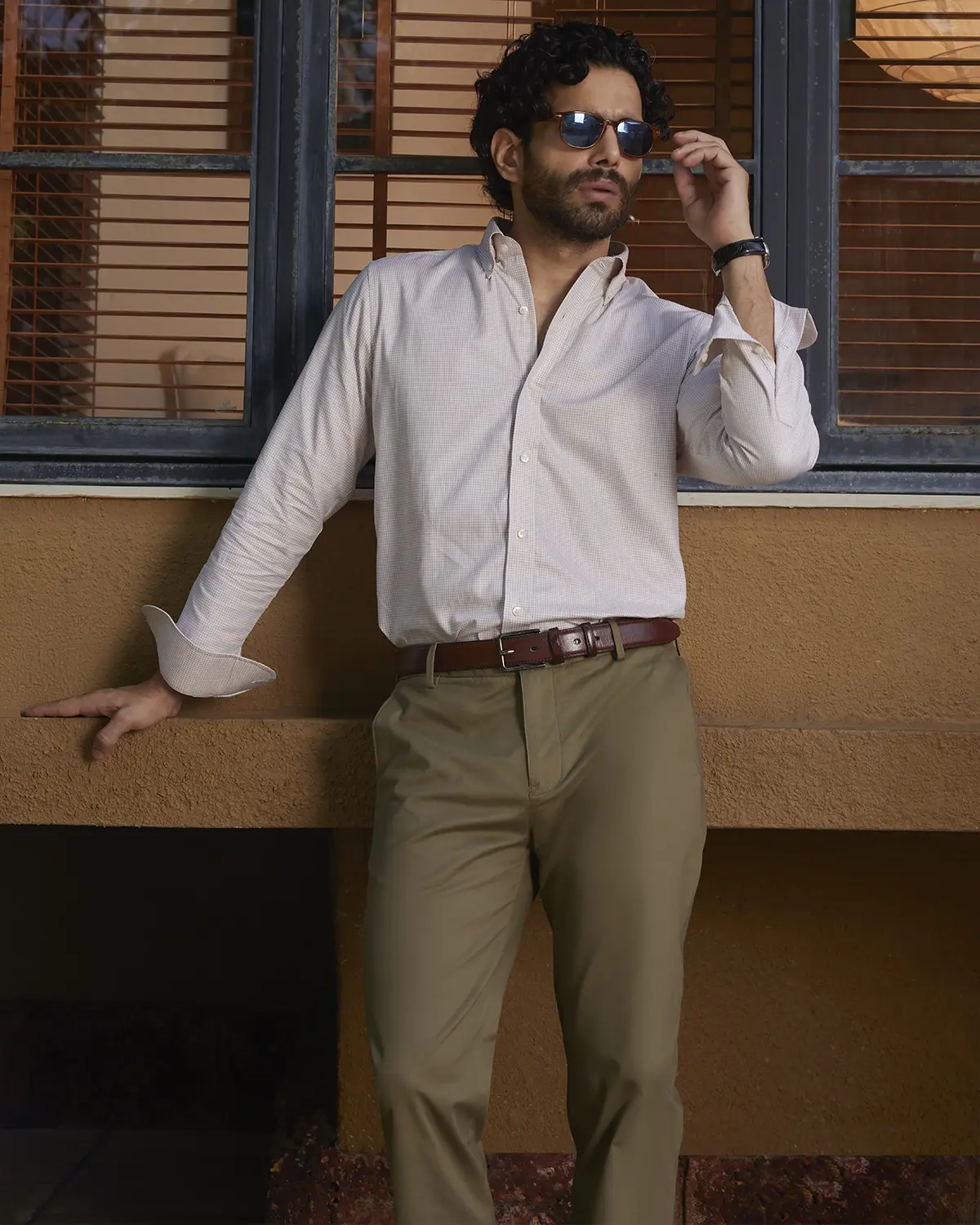 Giza Cotton Brown & White Twill Checked Shirt - Image 5