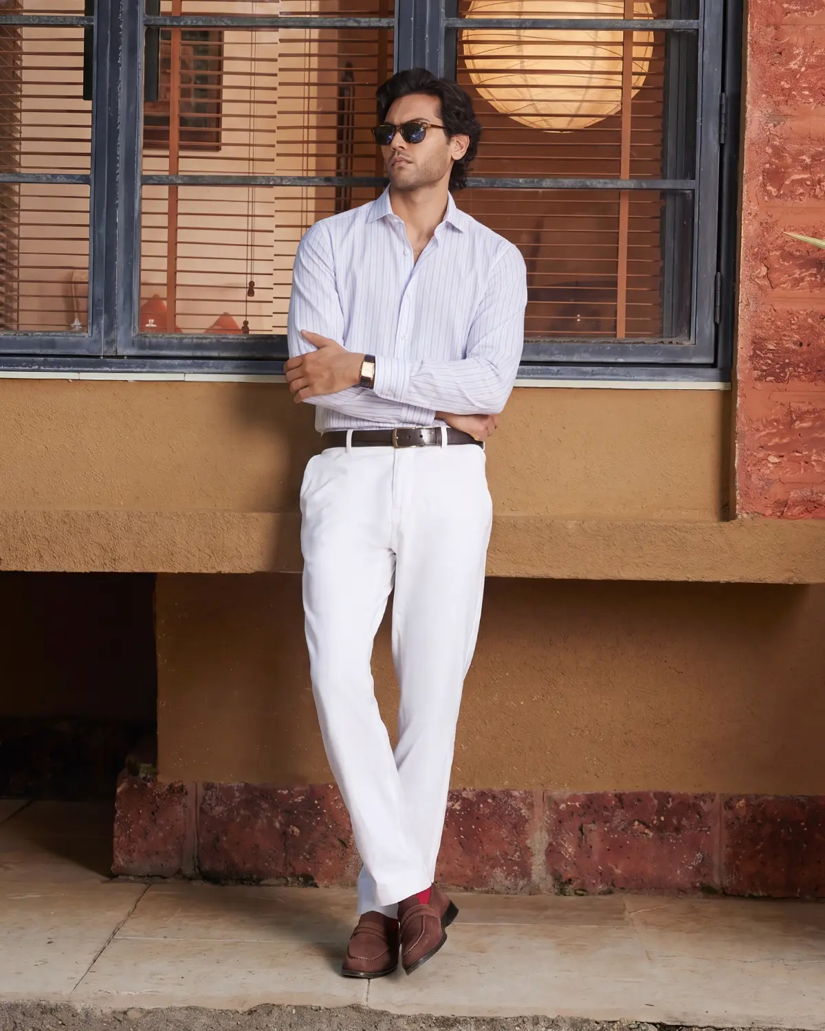 Giza Cotton Light Blue & Pink Twill Striped Shirt - Image 3