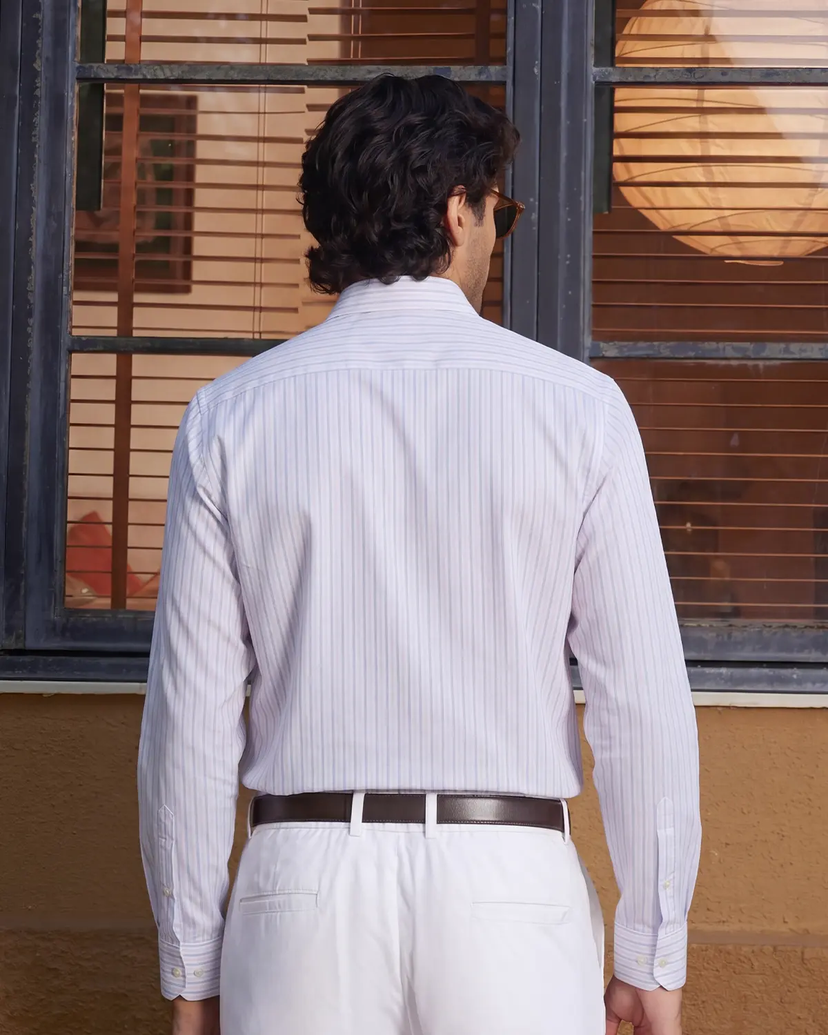 Giza Cotton Light Blue & Pink Twill Striped Shirt - Image 4