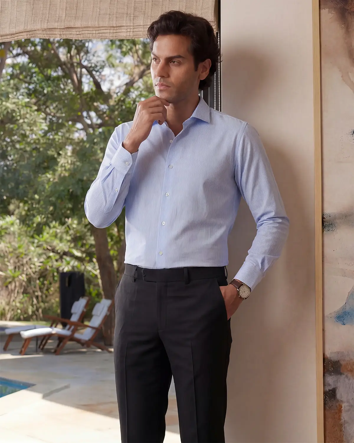 Giza Cotton Light Blue Striped Herringbone Shirt - Image 2