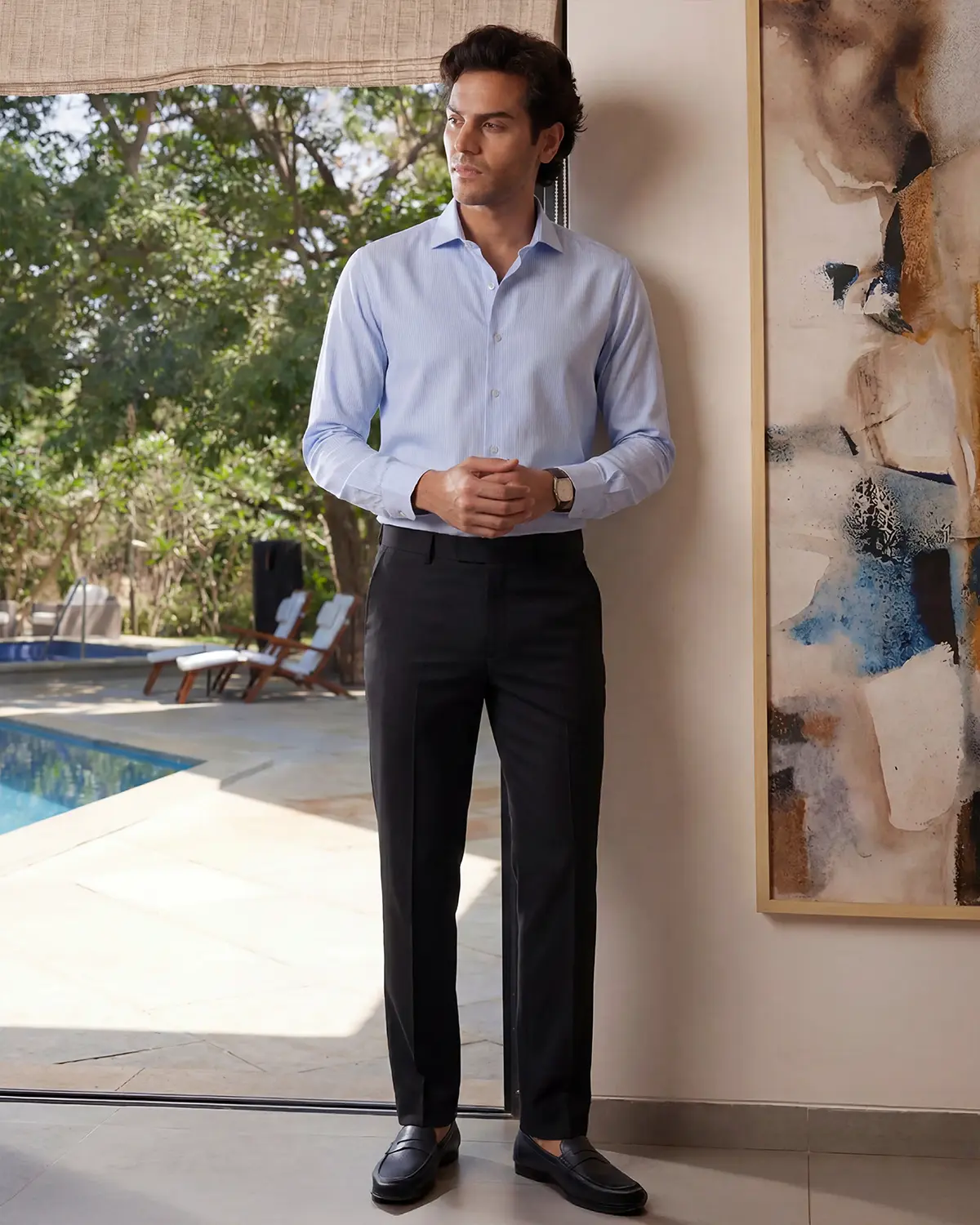 Giza Cotton Light Blue Striped Herringbone Shirt - Image 4