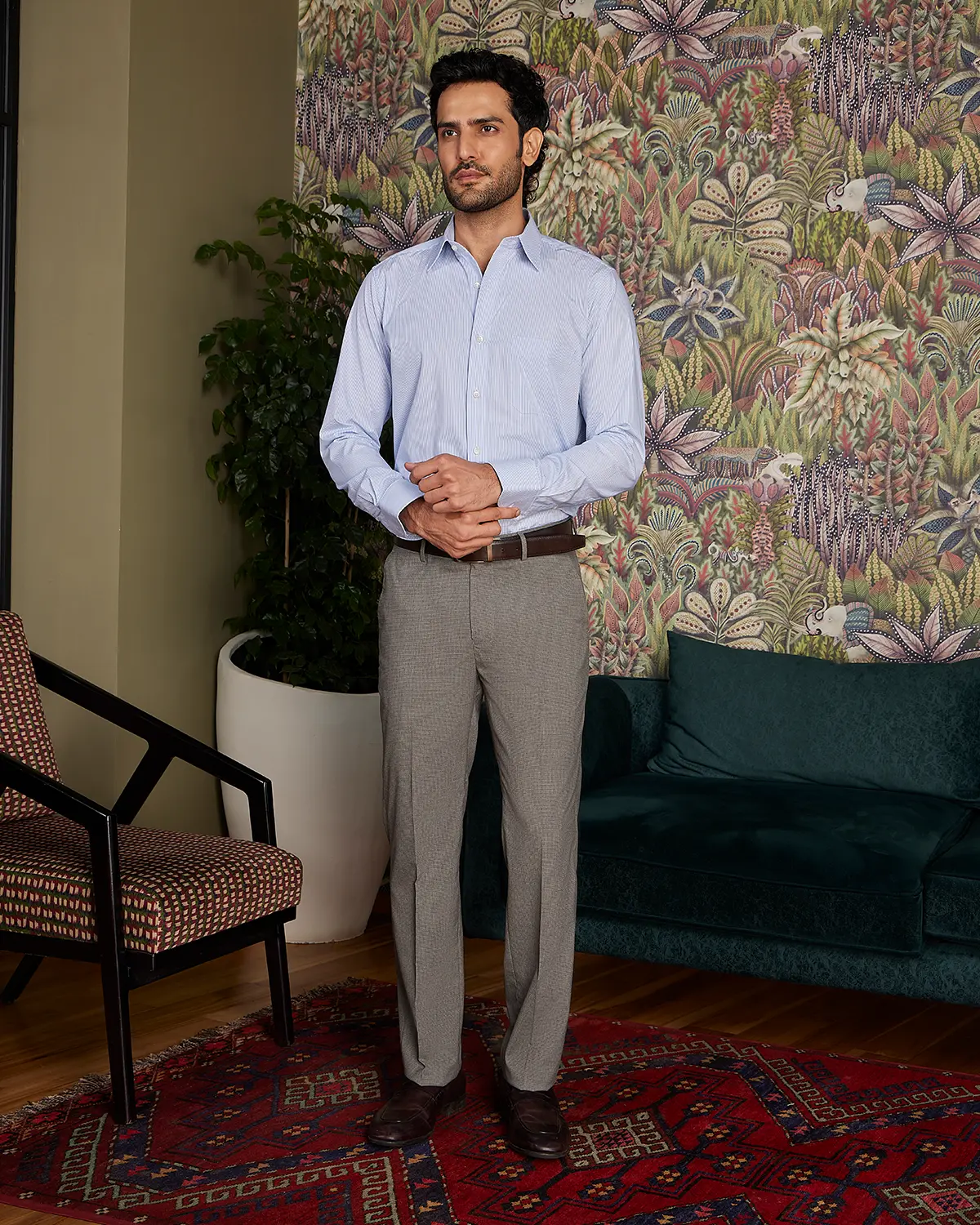 Giza Cotton Light Blue Twill Striped Shirt - Image 5