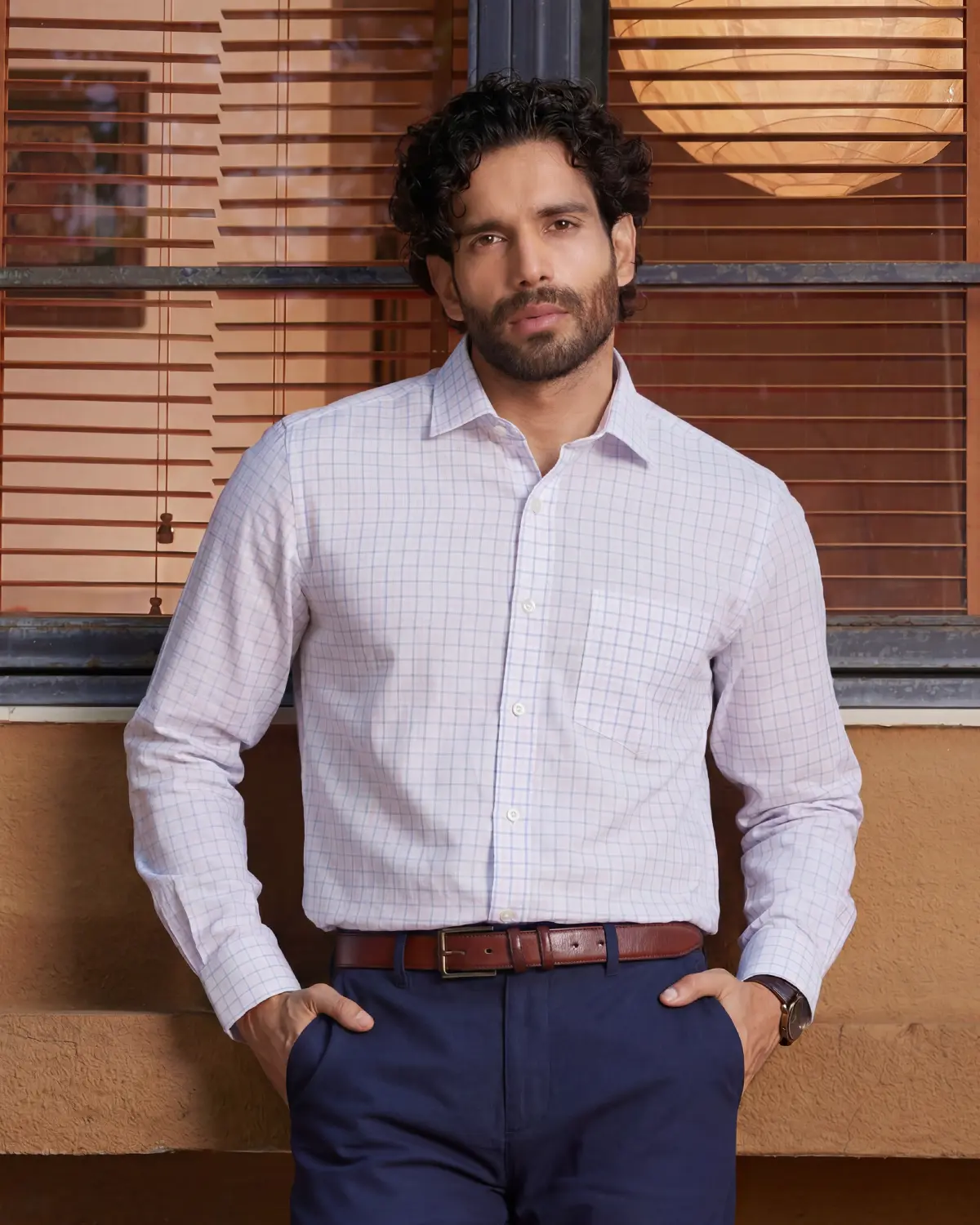 Giza Cotton Light Blue & White Twill Checked Shirt - Image 2
