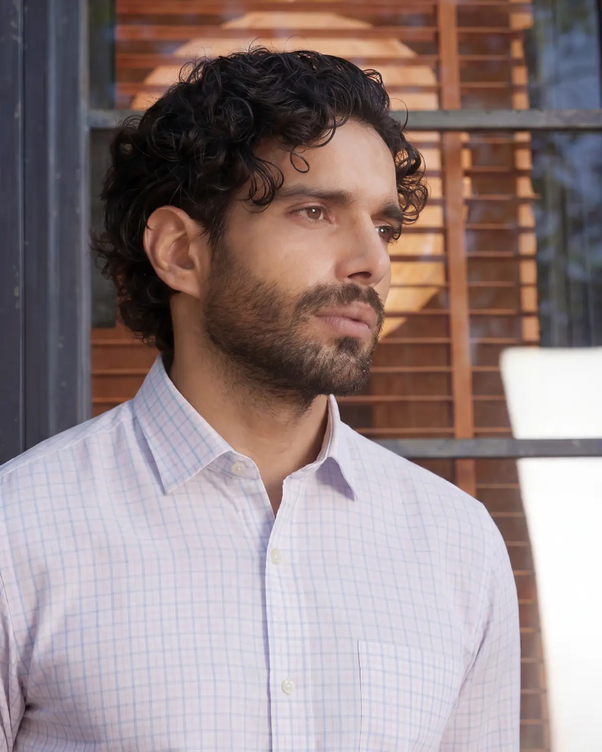 Giza Cotton Light Blue & White Twill Checked Shirt - Image 3