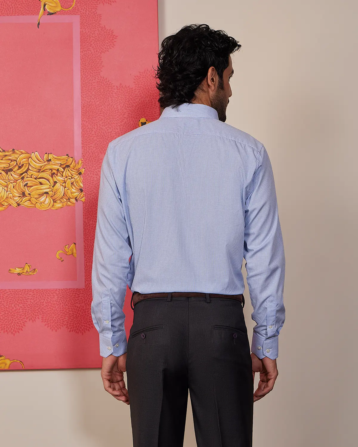 Giza Cotton Mid Blue Checked Shirt - Image 3