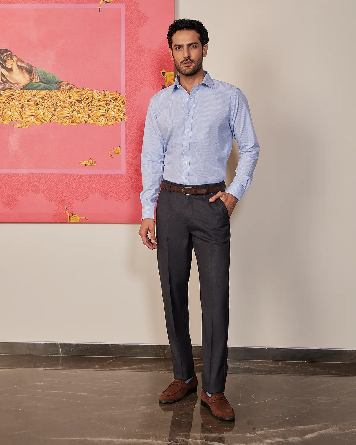 Giza Cotton Mid Blue Checked Shirt - Image 5