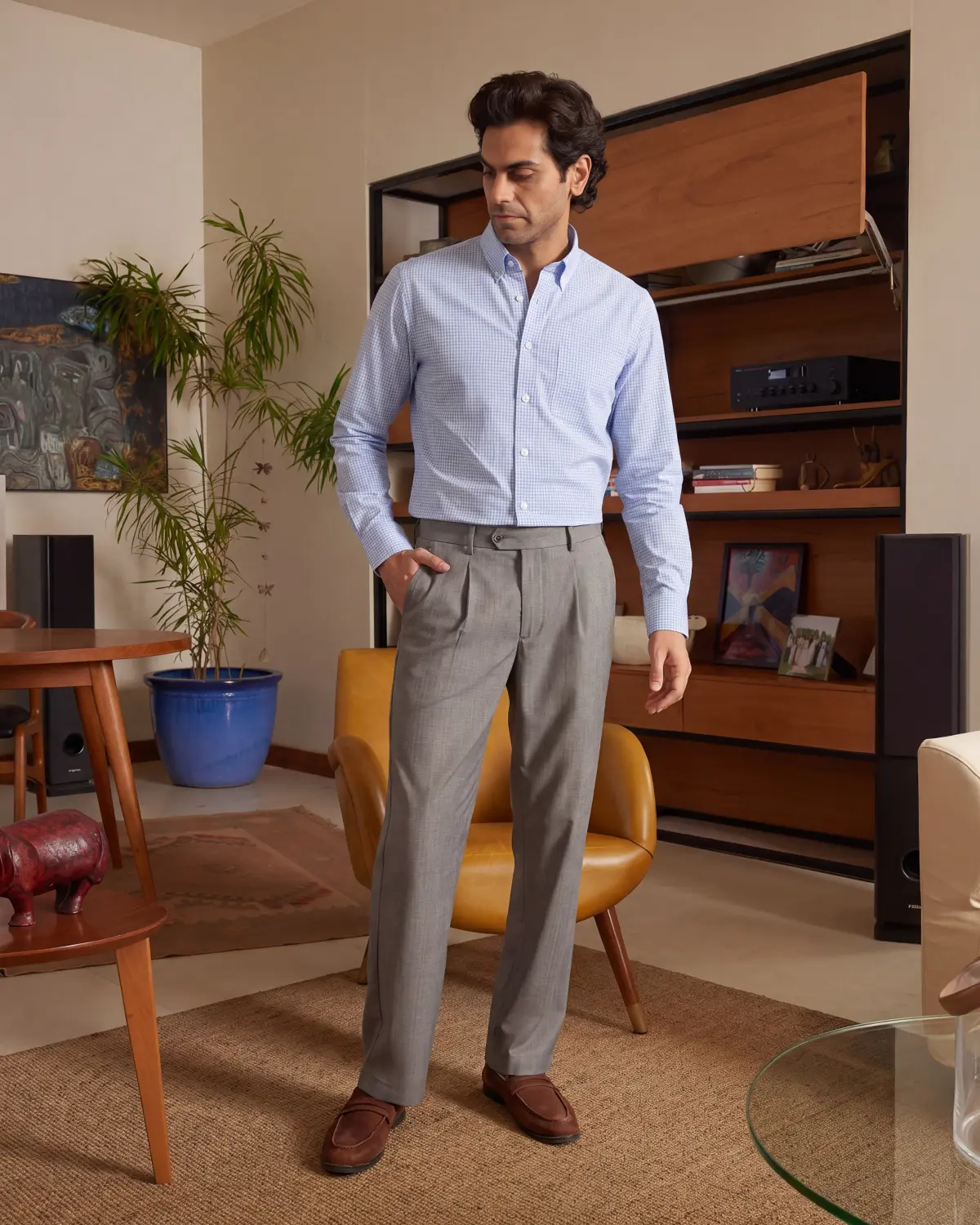 Giza Cotton Mid Blue & White Twill Checked Shirt - Image 4