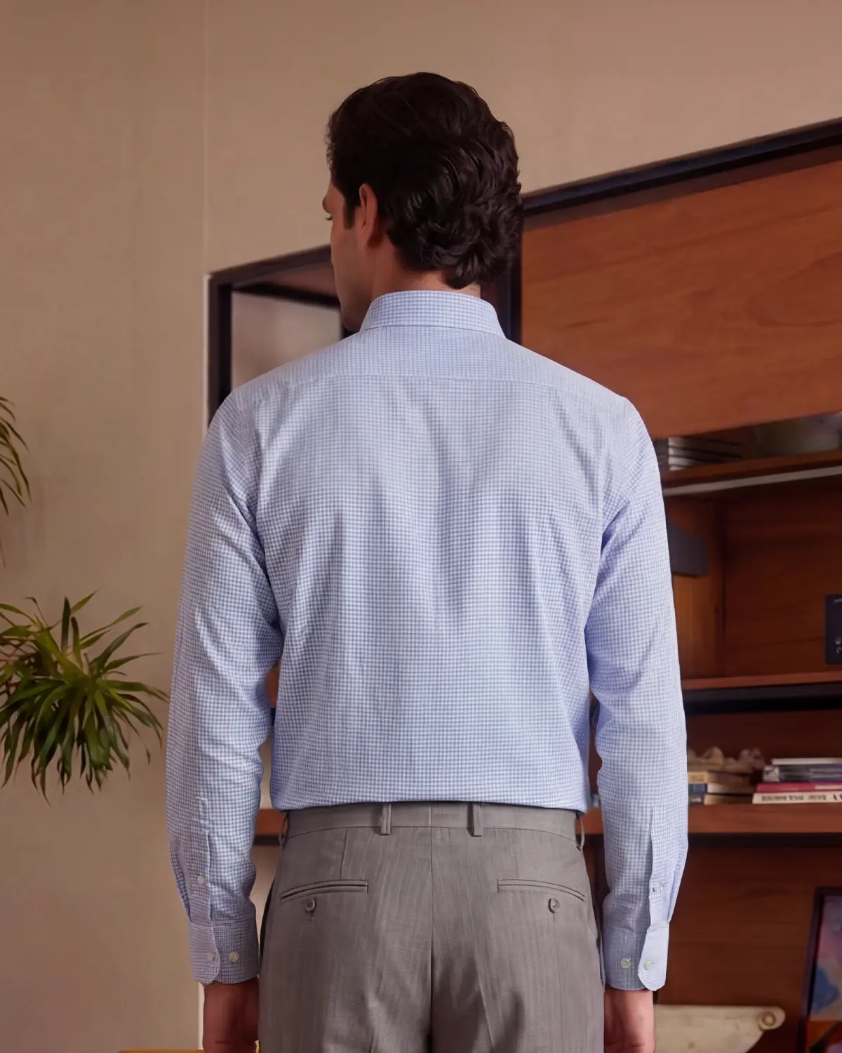 Giza Cotton Mid Blue & White Twill Checked Shirt - Image 5