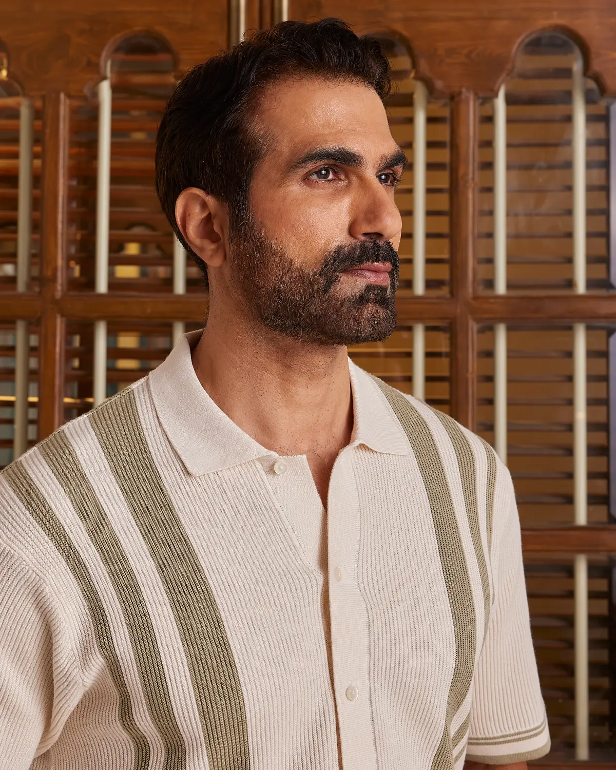 Green & Ecru Striped Flat Knit Shirt - Image 2