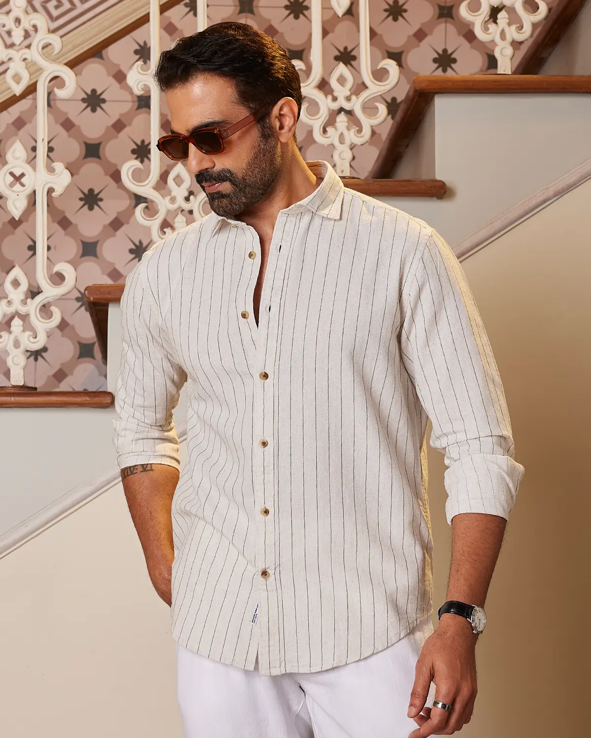 Green & Ecru Striped Shirt - Image 2