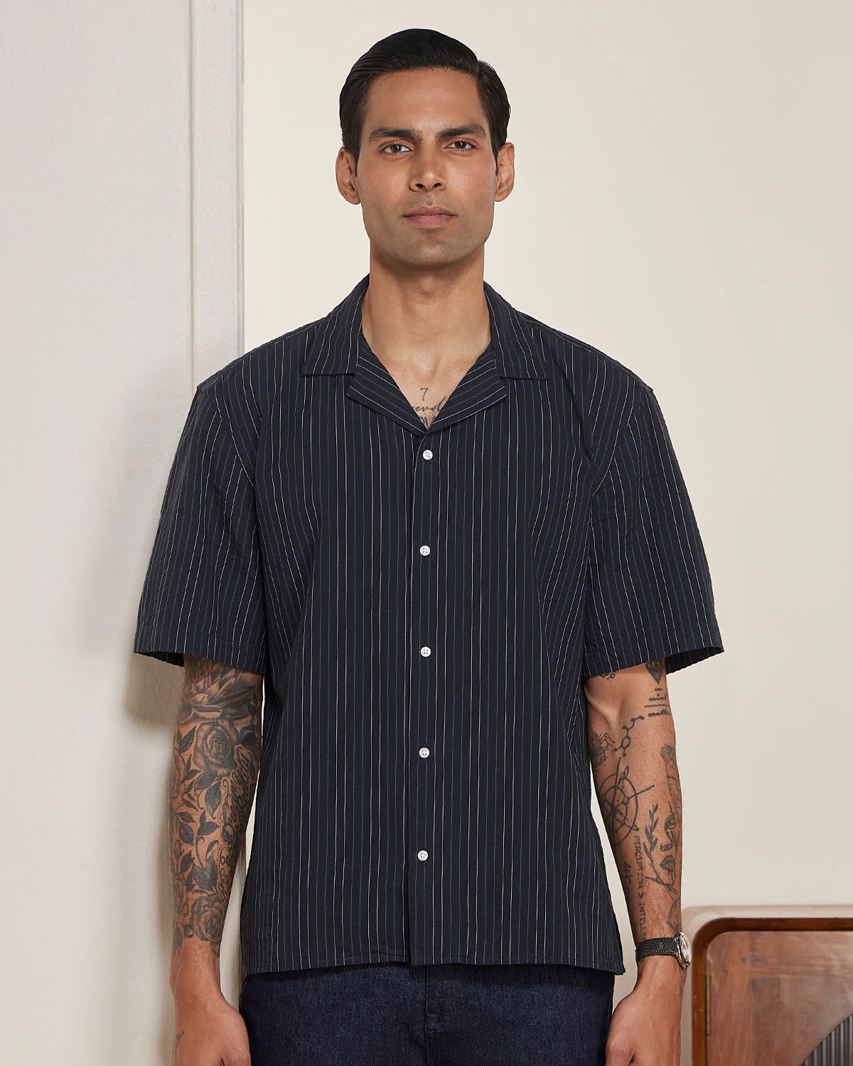 Navy Half-Sleeve Seersucker Striped Shirt